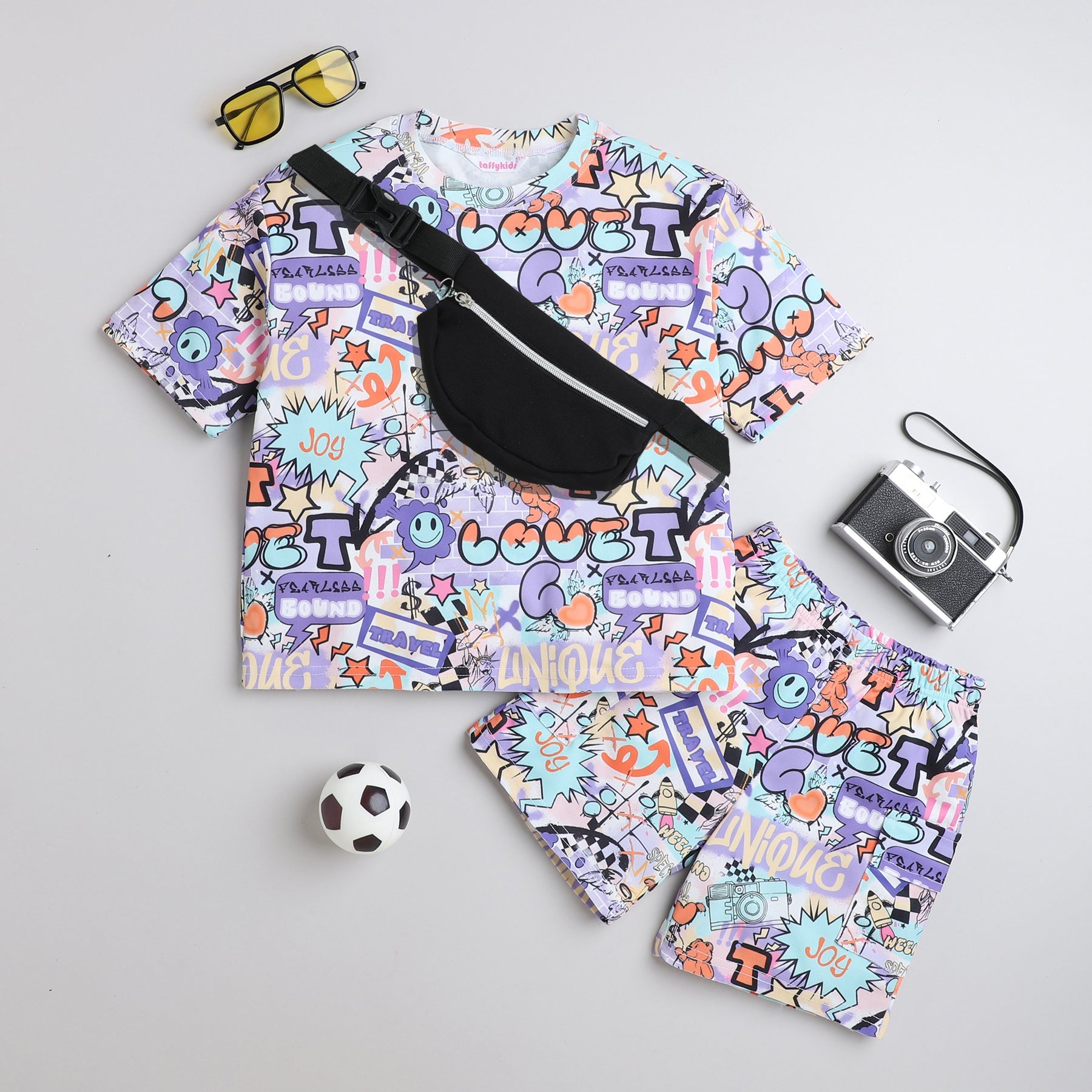 Shop Graffiti Theme Printed Half Sleeve Oversized T-Shirt And Matching Shorts Co-Ord Set With Waist Bag-Multi Online