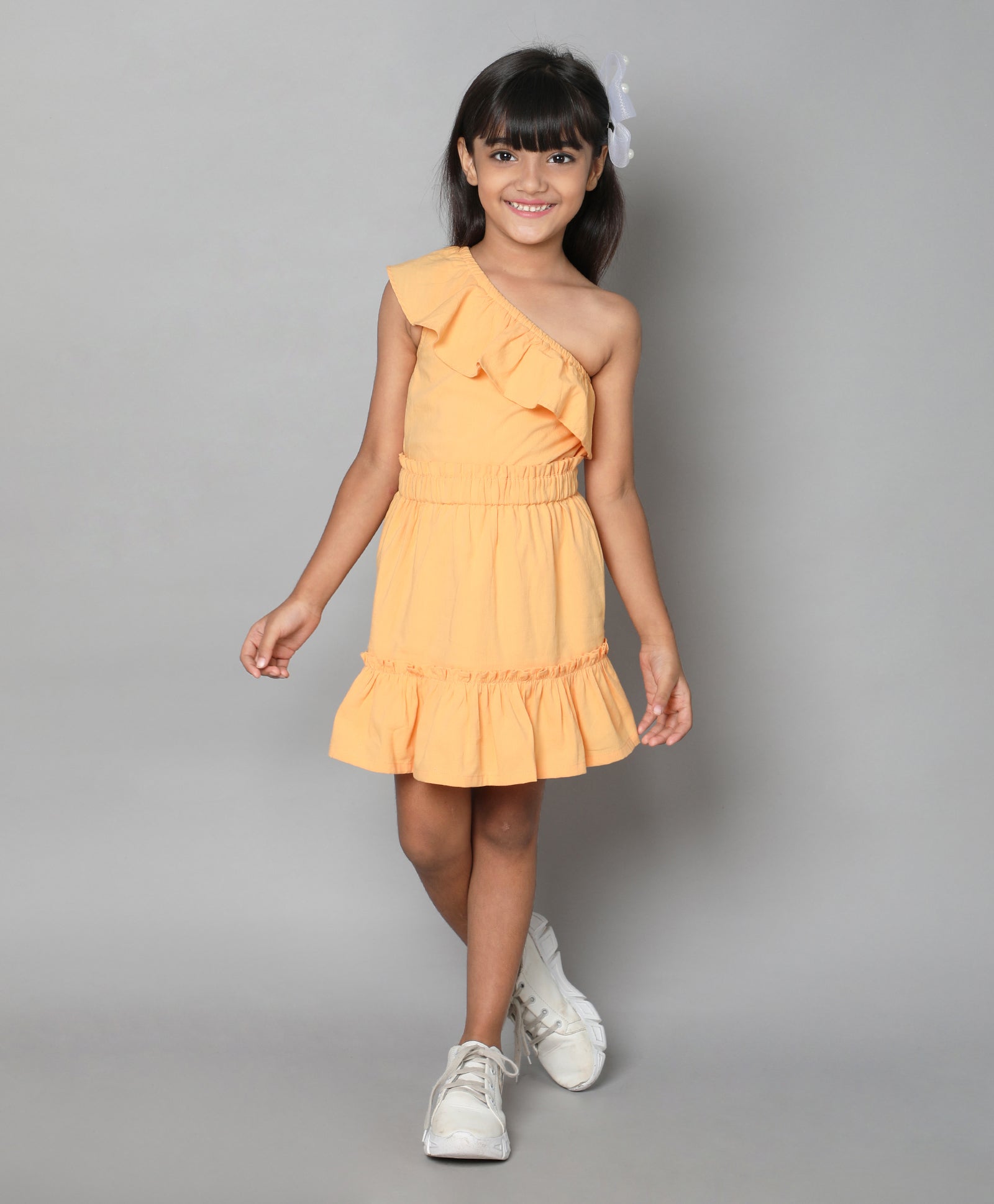 Shop Frill Detail One Shoulder Top And Tiered Skirt Set- Mustard Orange Online