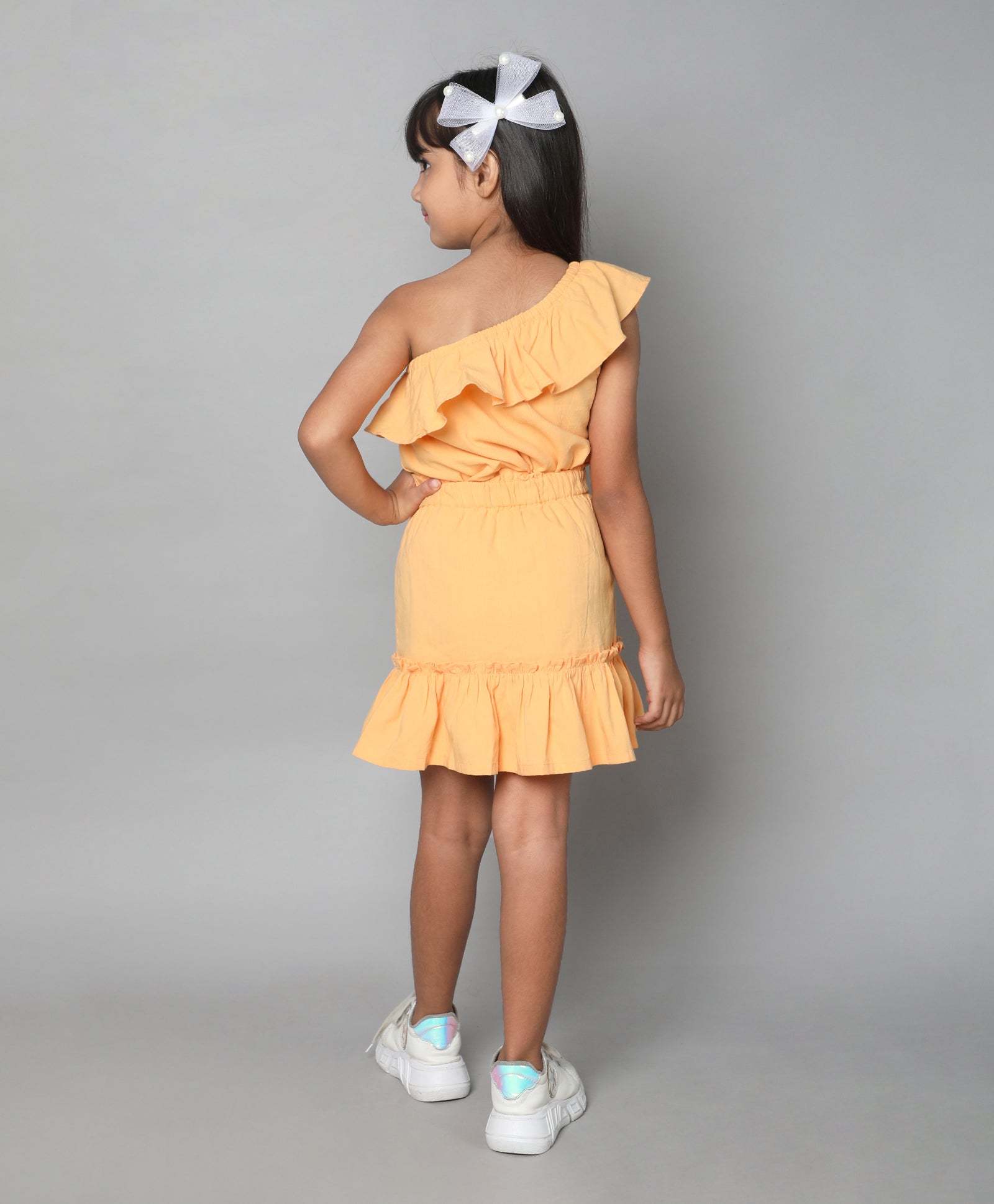 Shop Frill Detail One Shoulder Top And Tiered Skirt Set- Mustard Orange Online