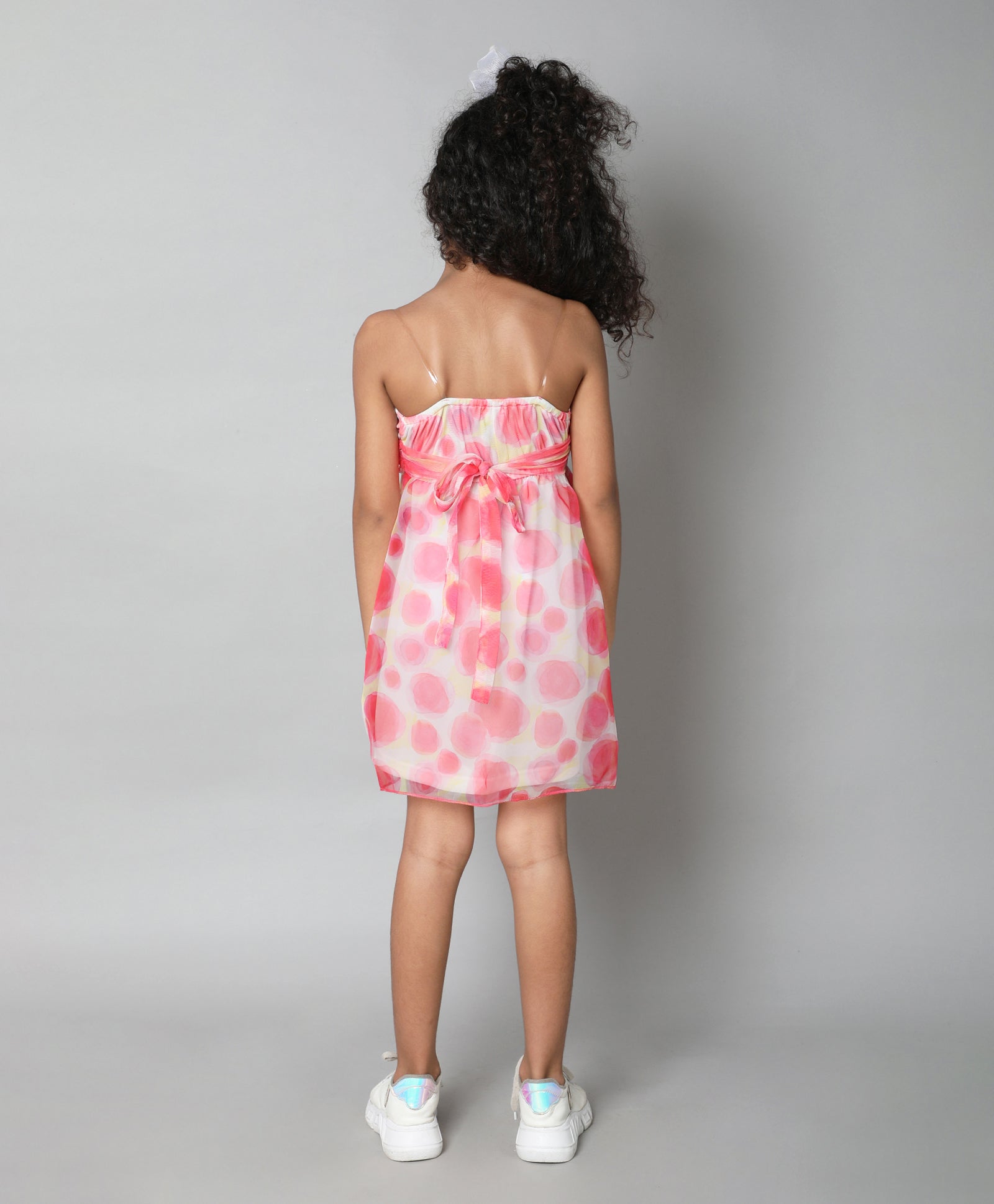 Taffykids floral printed sleeveless tube dress with transparent strap- White/Pink