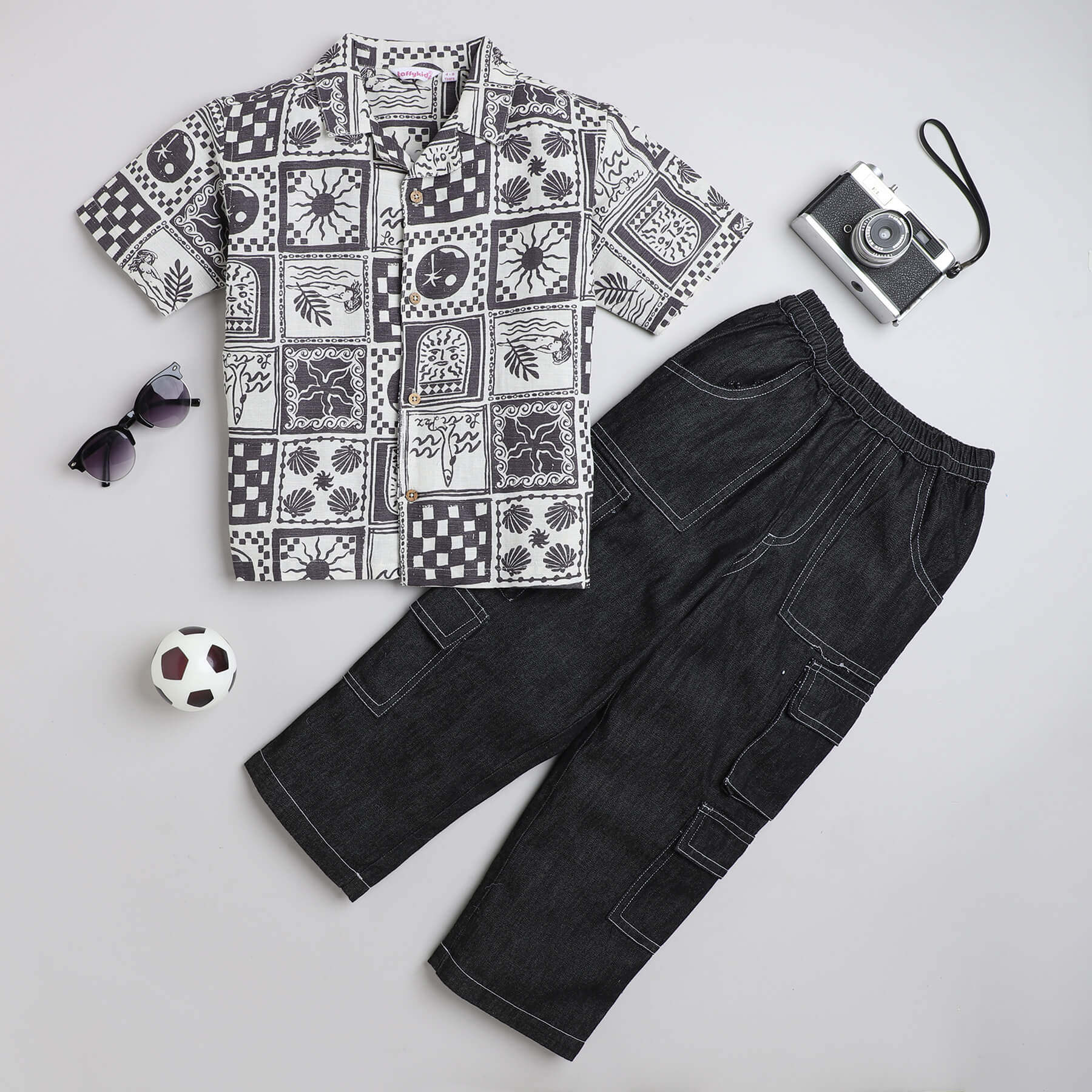 Taffykids patchwork printed half sleeves oversized shirt and stitch detail cargo denim pant set-Offwhite/Black