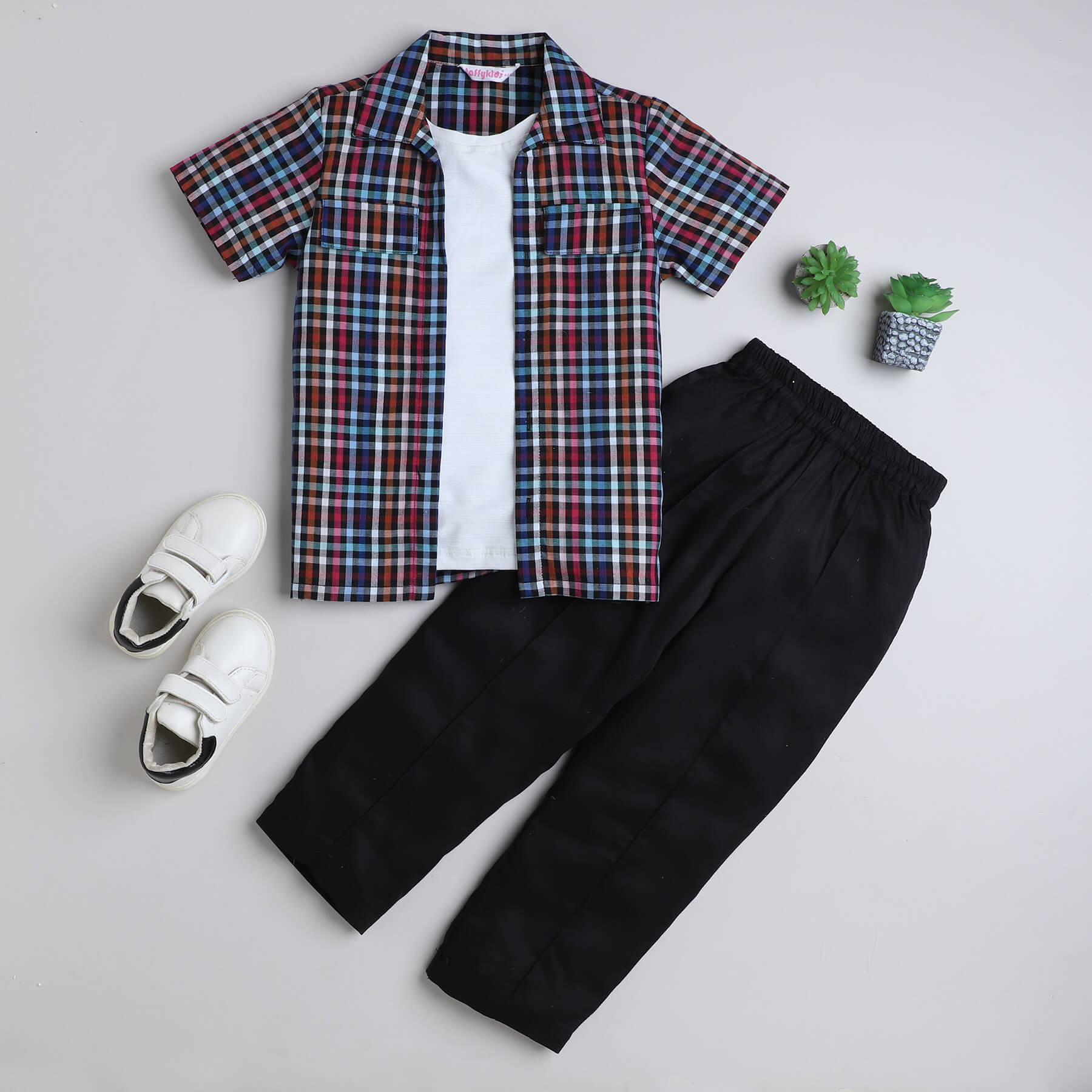 Taffykids yarn dyed checks half sleeves shirt with attached tee and solid pant set-Multi