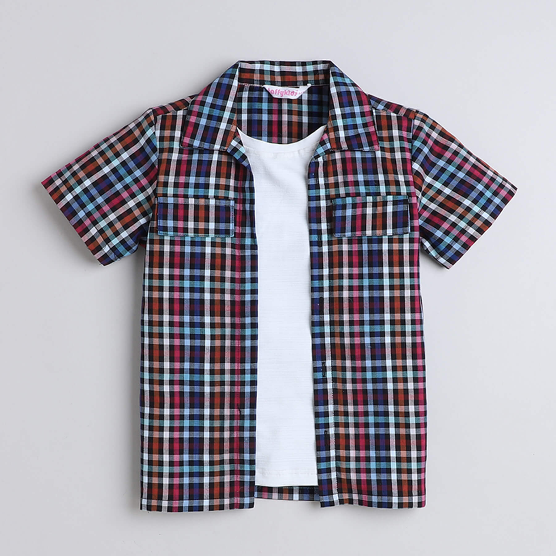 Taffykids yarn dyed checks half sleeves shirt with attached tee and solid pant set-Multi
