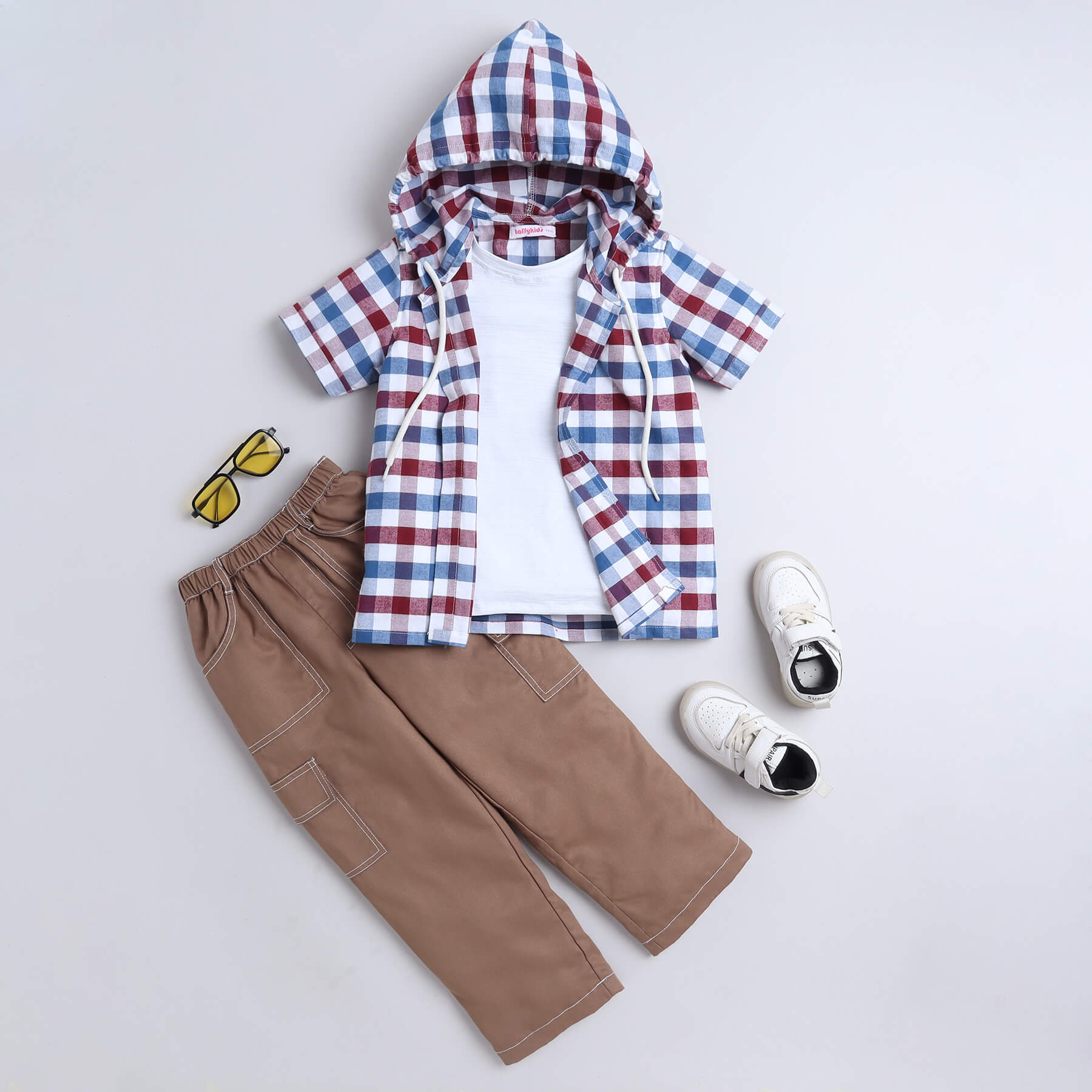 Taffykids checks yarn dyed half sleeves hooded shirt with attach tee and solid cargo pant set-Multi