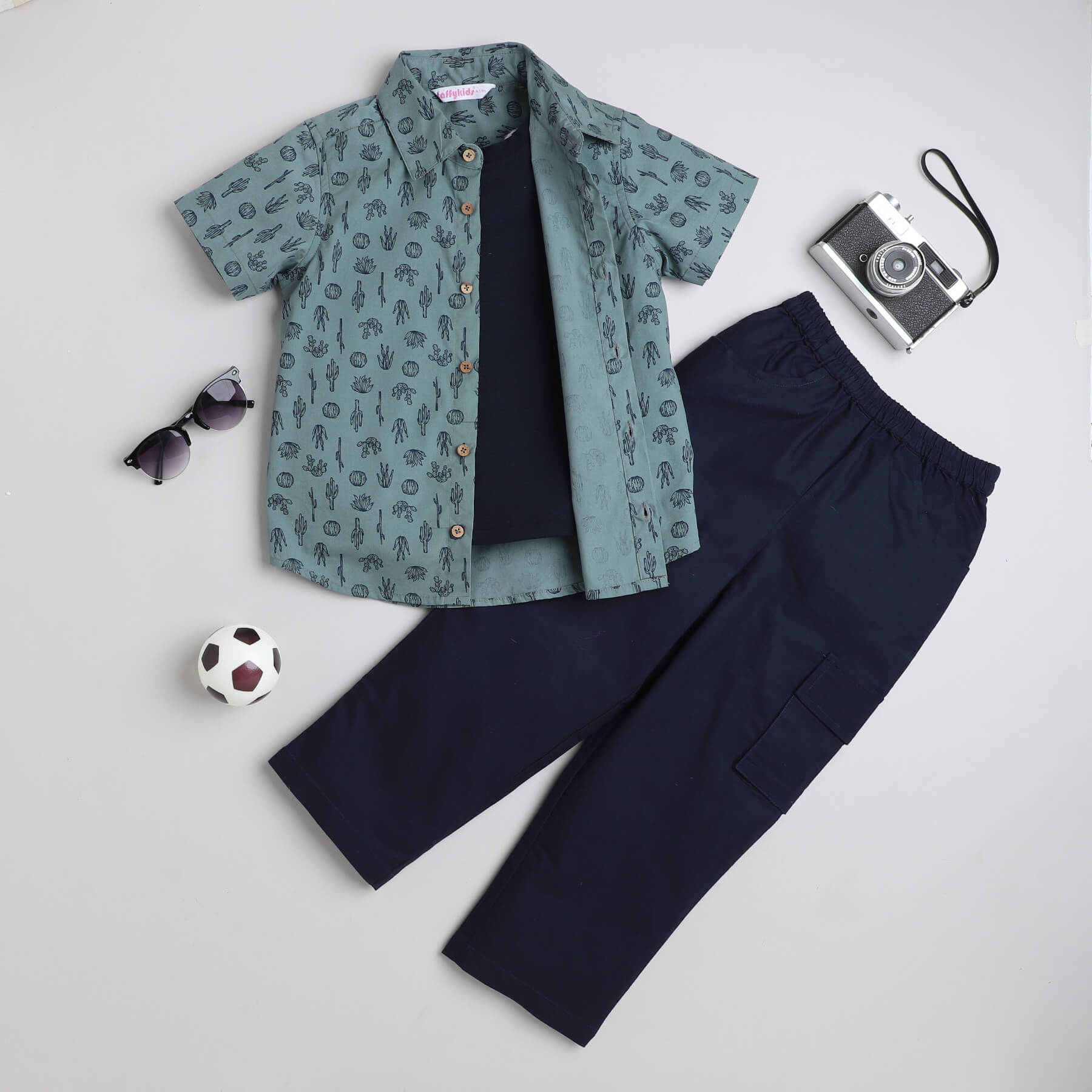 Taffykids Tropical printed half sleeves shirt with attach tee and cargo pant set-Green/Navy