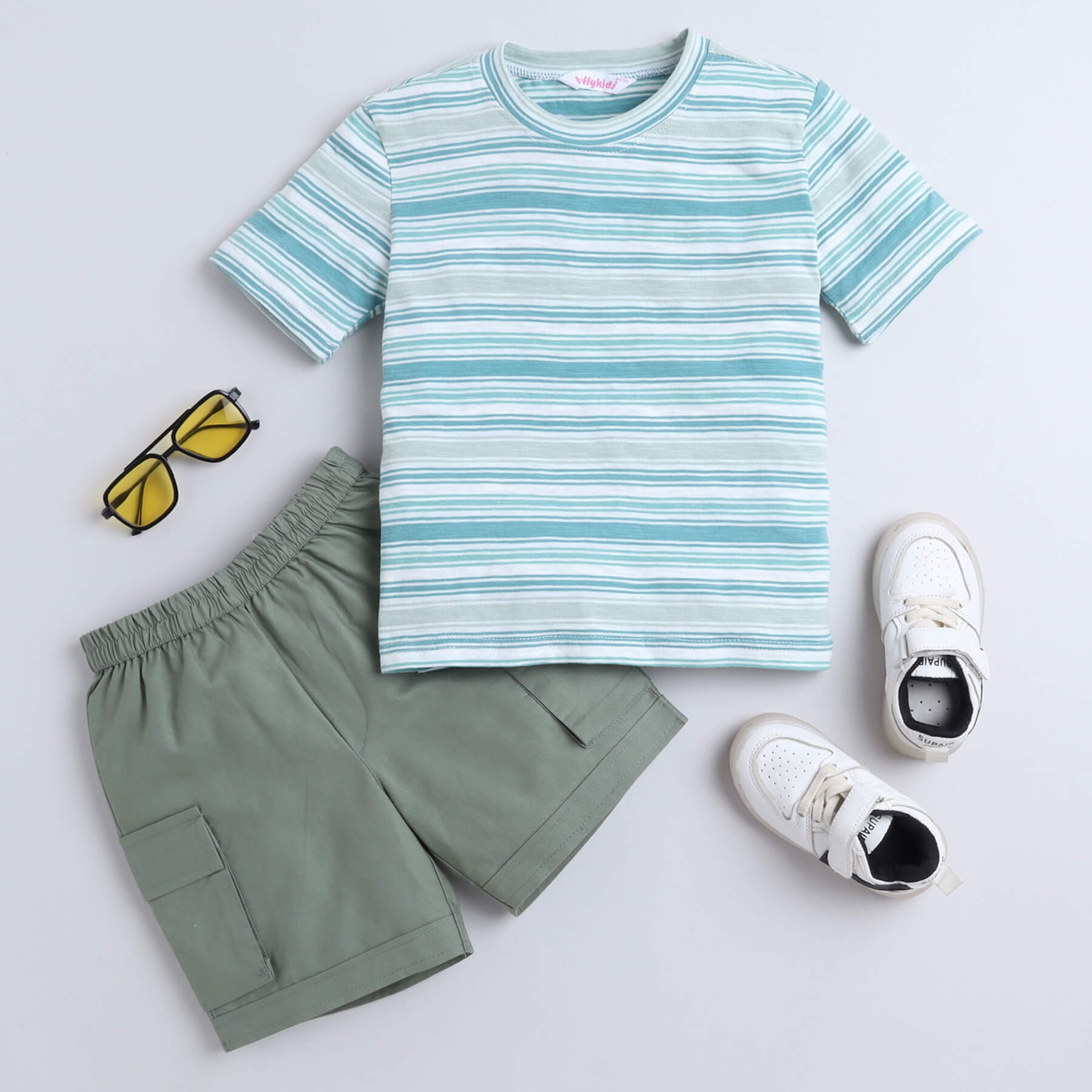 Shop Cotton Yarn Dyed Stripe Half Sleeves Tee And Cargo Short Set-Green Online