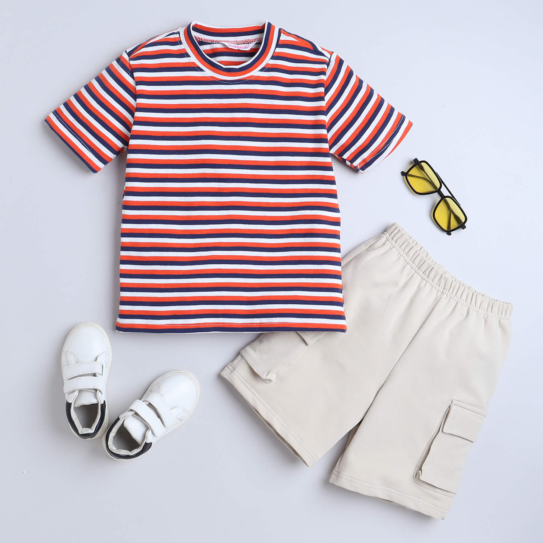Shop Cotton Yarn Dyed Stripe Half Sleeves Tee And Cargo Short Set-Multi Online