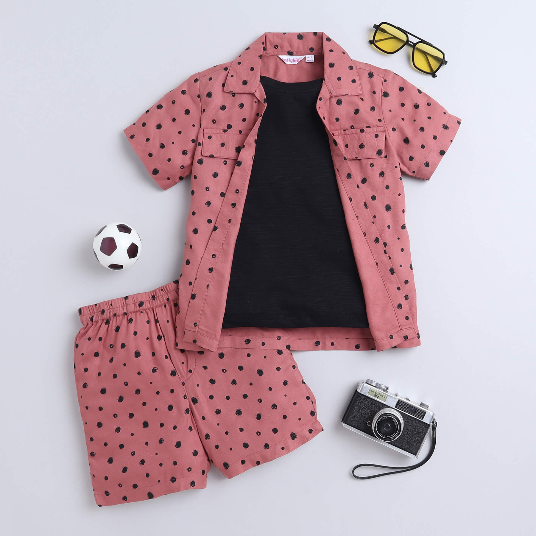 Taffykids Polka dots printed half sleeves shirt with attach tee and matching short set-Brown/Black