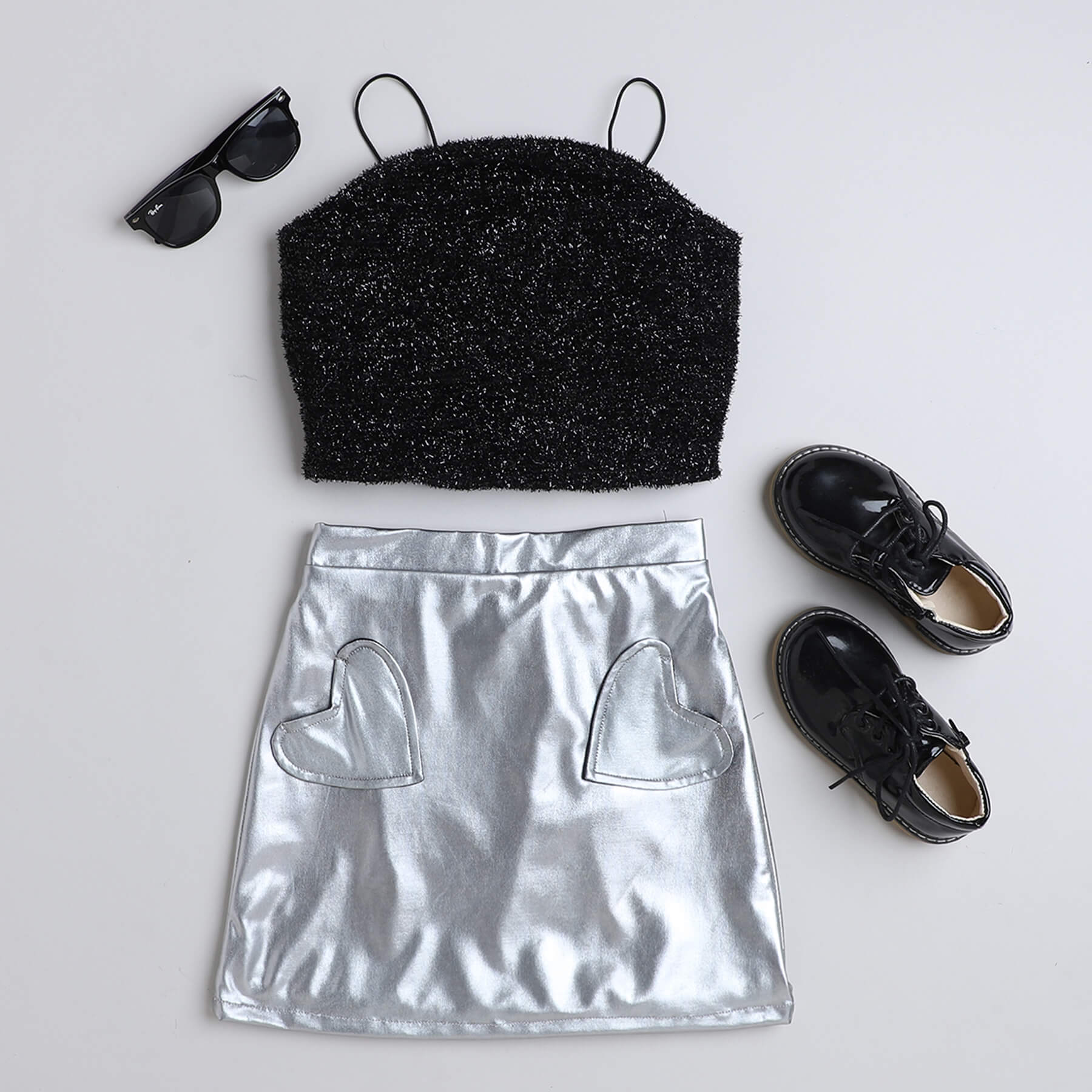 Taffykids metallic lurex singlet party crop top with metallic silver heart pocket skirt set-Black/Silver