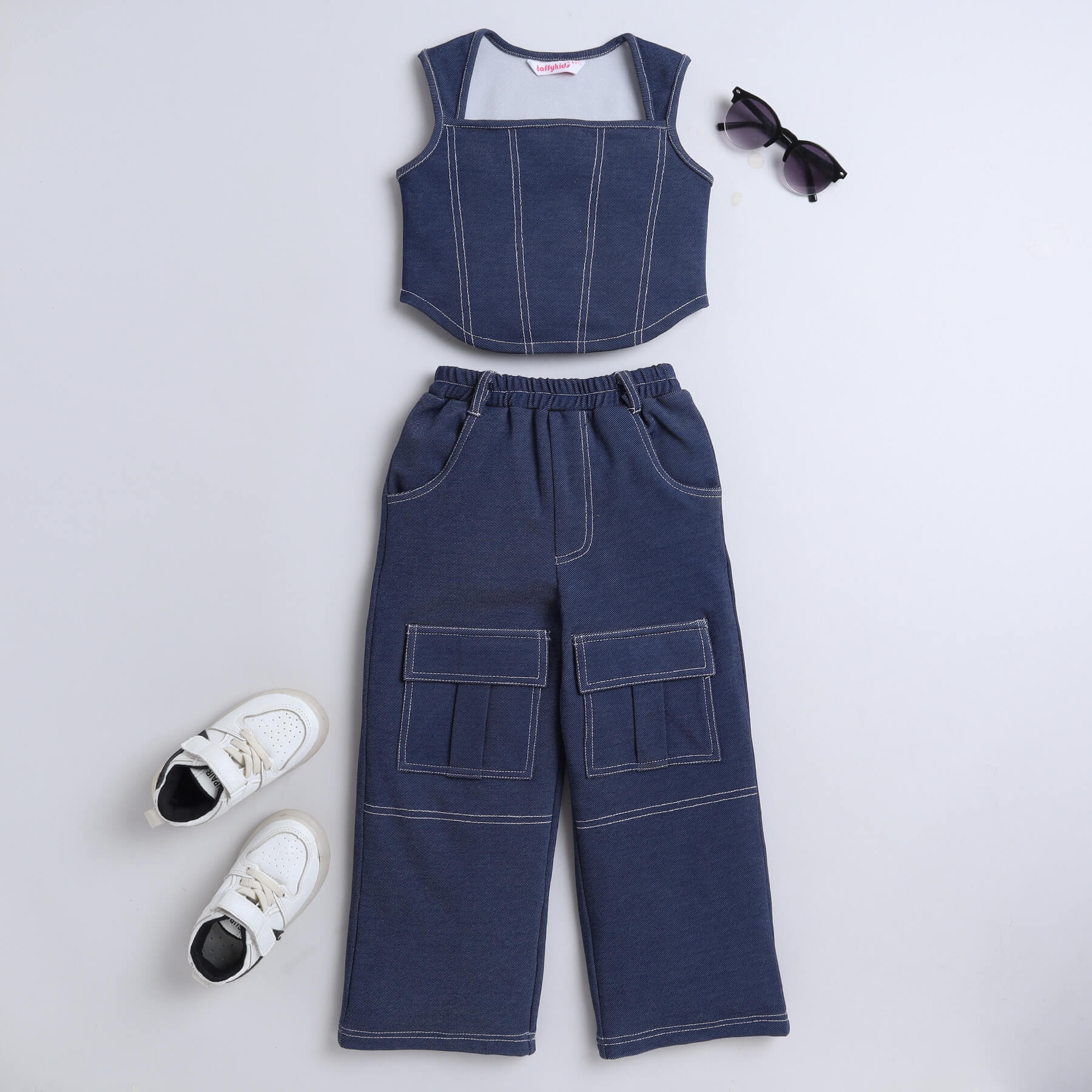Shop Stitch Detail Sleeveless Square Neck Crop Top With Matching Cargo Pant Co-Ord Set-Blue Online