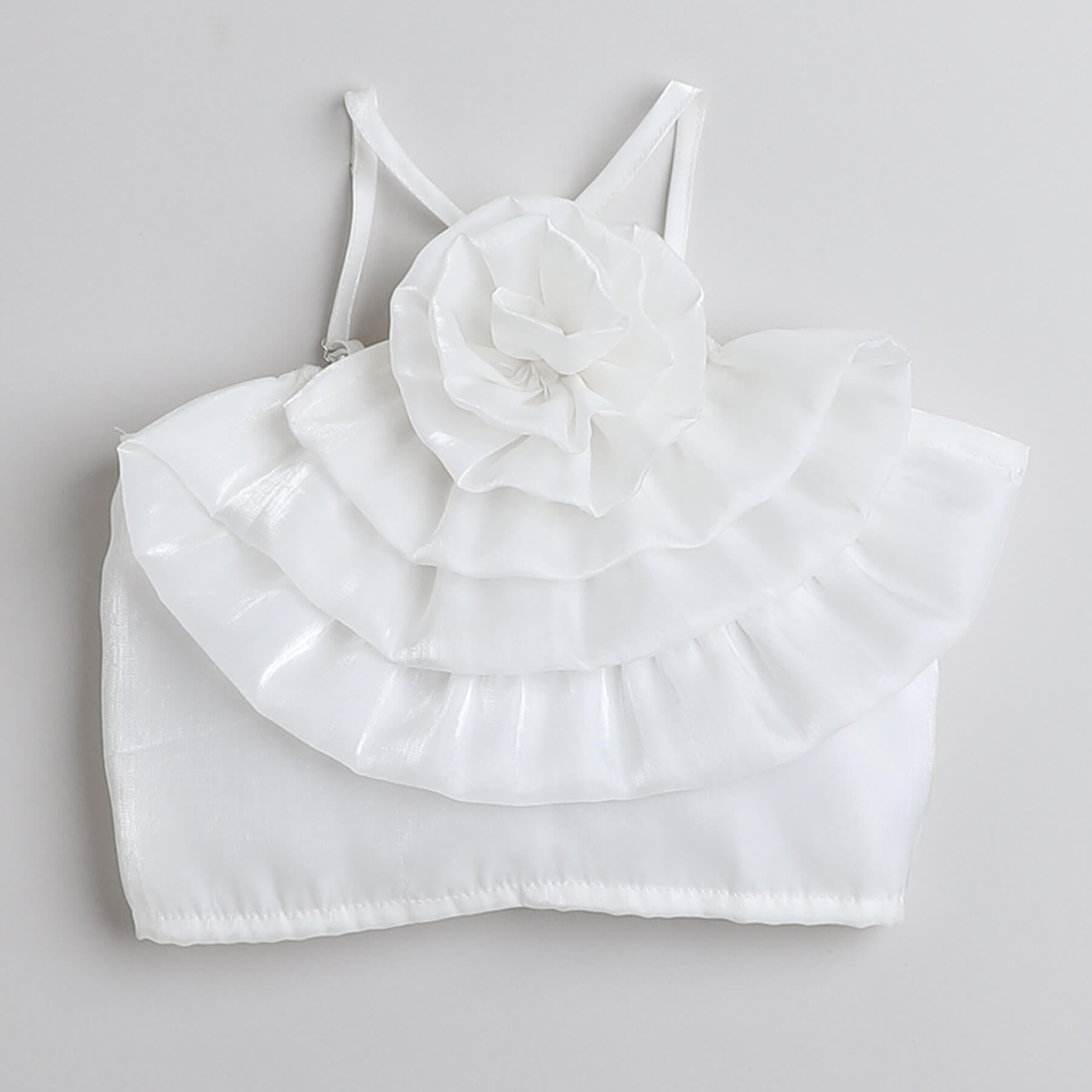 rose detail Halter neck party crop top with holographic pleated pant set-White/Blue