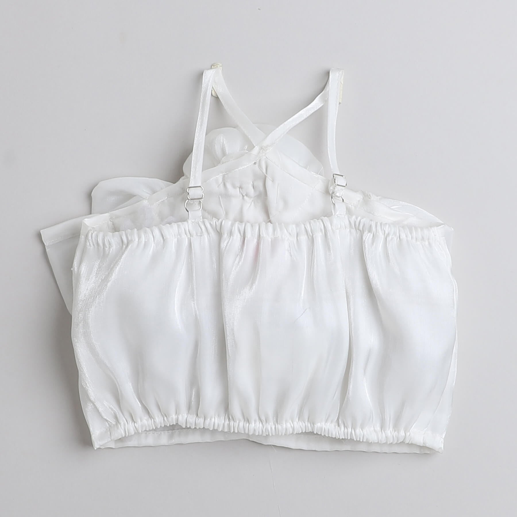 rose detail Halter neck party crop top with holographic pleated pant set-White/Blue