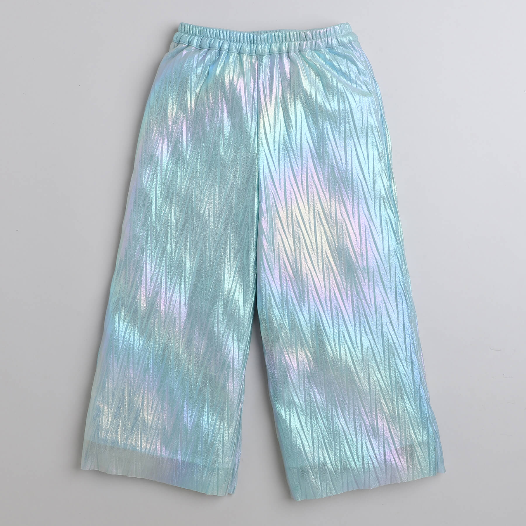 rose detail Halter neck party crop top with holographic pleated pant set-White/Blue