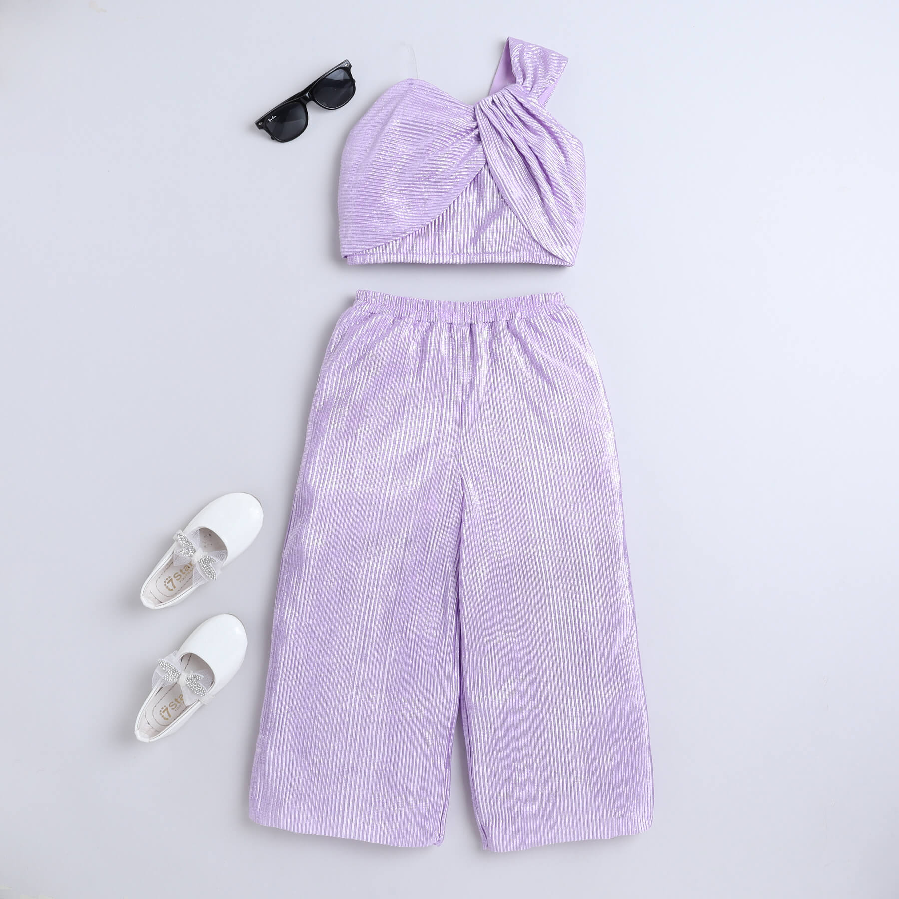 Shop Pleated Foil Printed Sleeveless Asymmetric Neck Party Crop Top With Matching Pant Co-Ord Set-Lilac Online