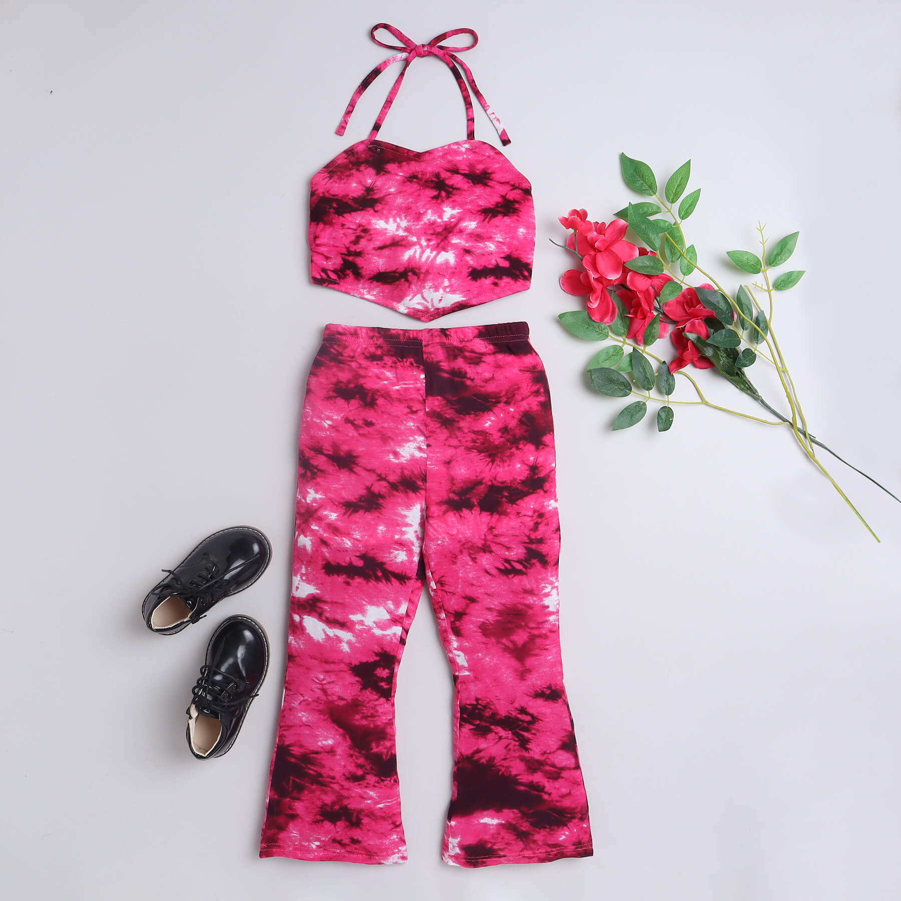 Shop Tie-Dye Printed Halter Neck Crop Top With Matching Bell Bottom Pant Set-Pink/White Online