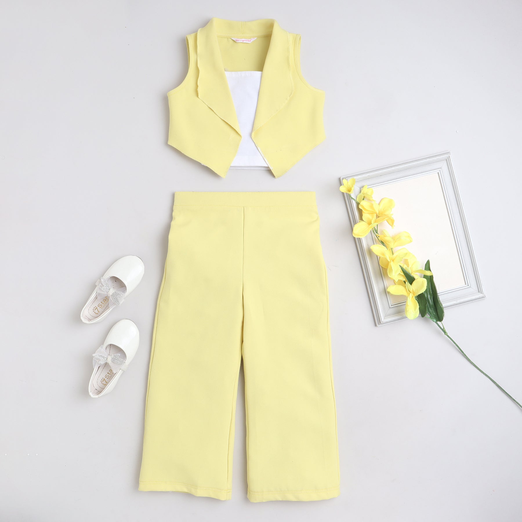 sleeveless crop waterfall jacket with matching pant and solid singlet crop top set-Yellow/White