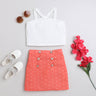 textures halter neck crop top with Geometric printed button detail skirt set-White/Peach