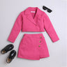 Solid full sleeves Wrap crop blazer with matching button detail wrap skirt set-Pink