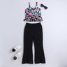 floral printed front ruched peplum top with solid front slit bell bottom pant set-Black/Multi