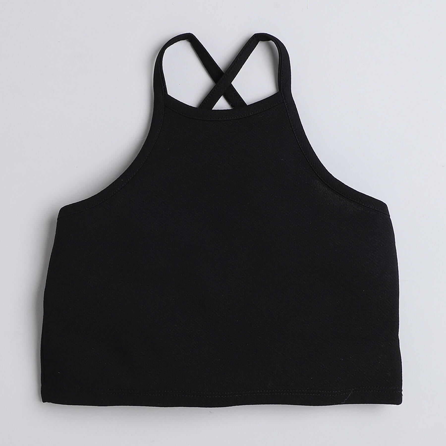 Shop Solid Halter Neck Crop Top And Buckle Detail Printed Pant Set-Black/Multi Online