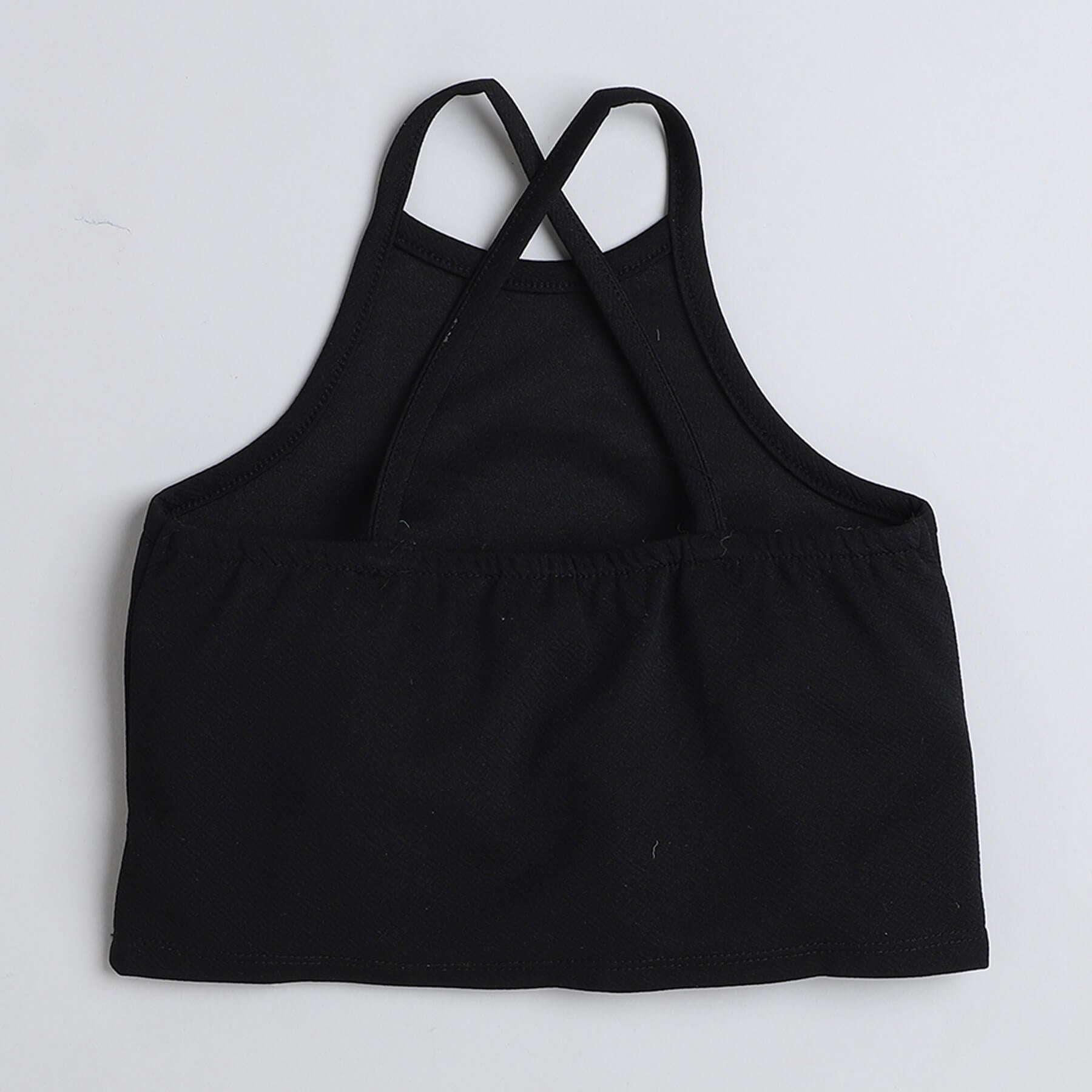 Taffykids solid halter neck crop top and buckle detail printed pant set-Black/Multi