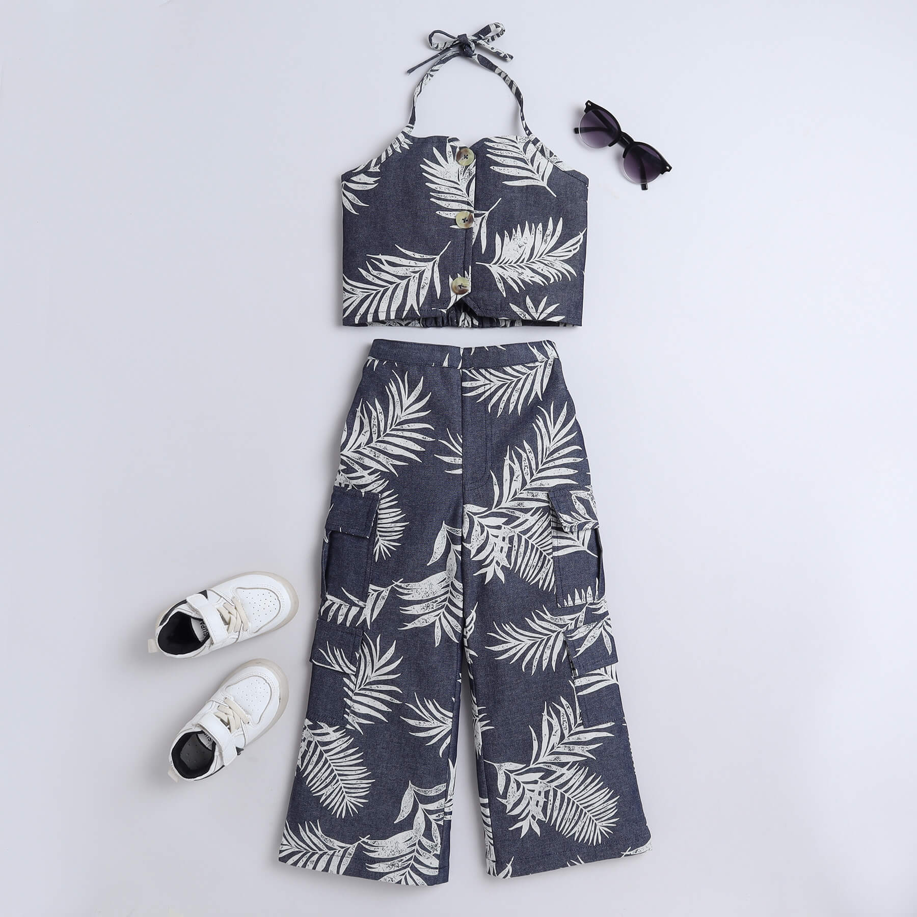 Taffykids tropical printed halter neck denim crop top with matching cargo pant co-ord set-Blue
