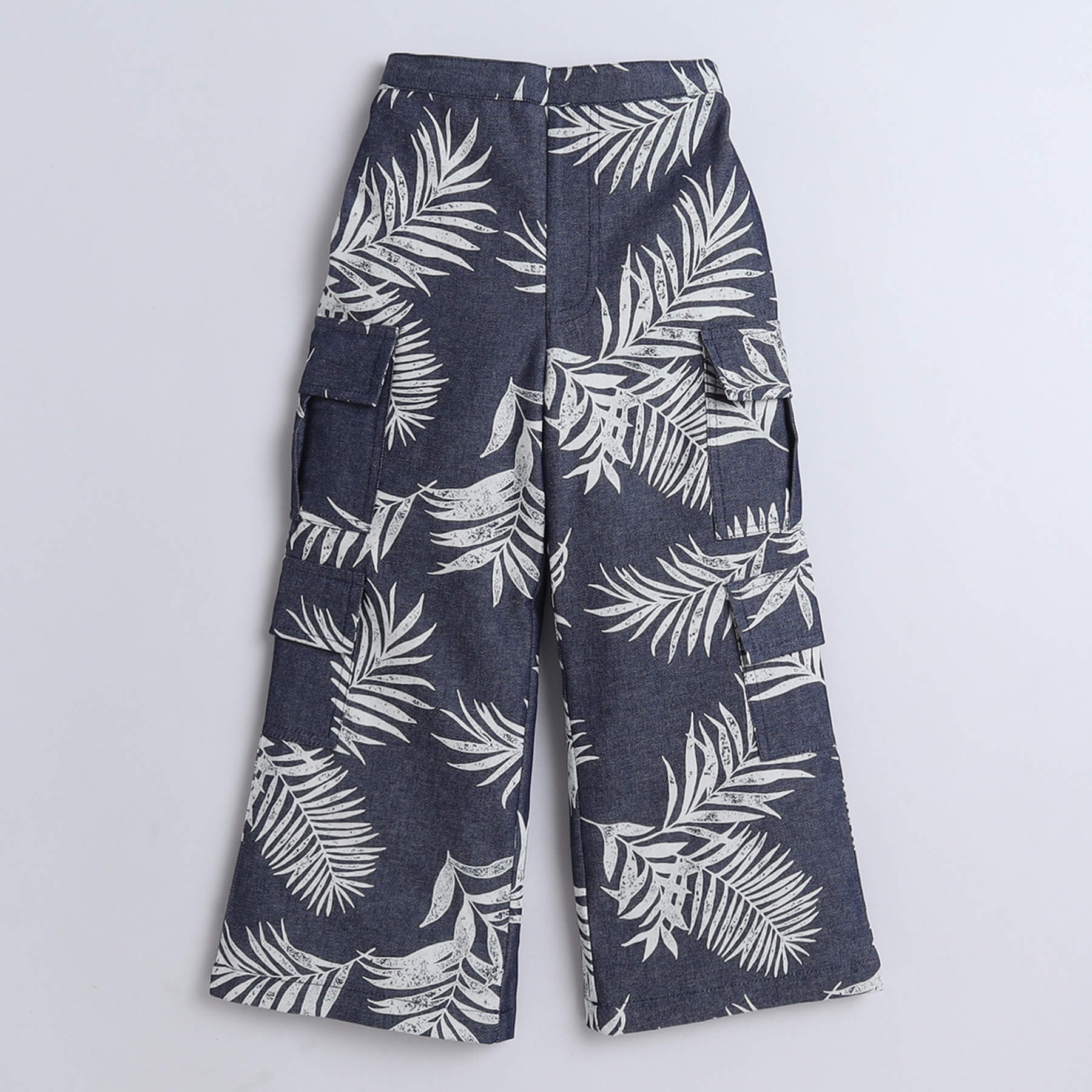 Shop Tropical Printed Halter Neck Denim Crop Top With Matching Cargo Pant Co-Ord Set-Blue Online