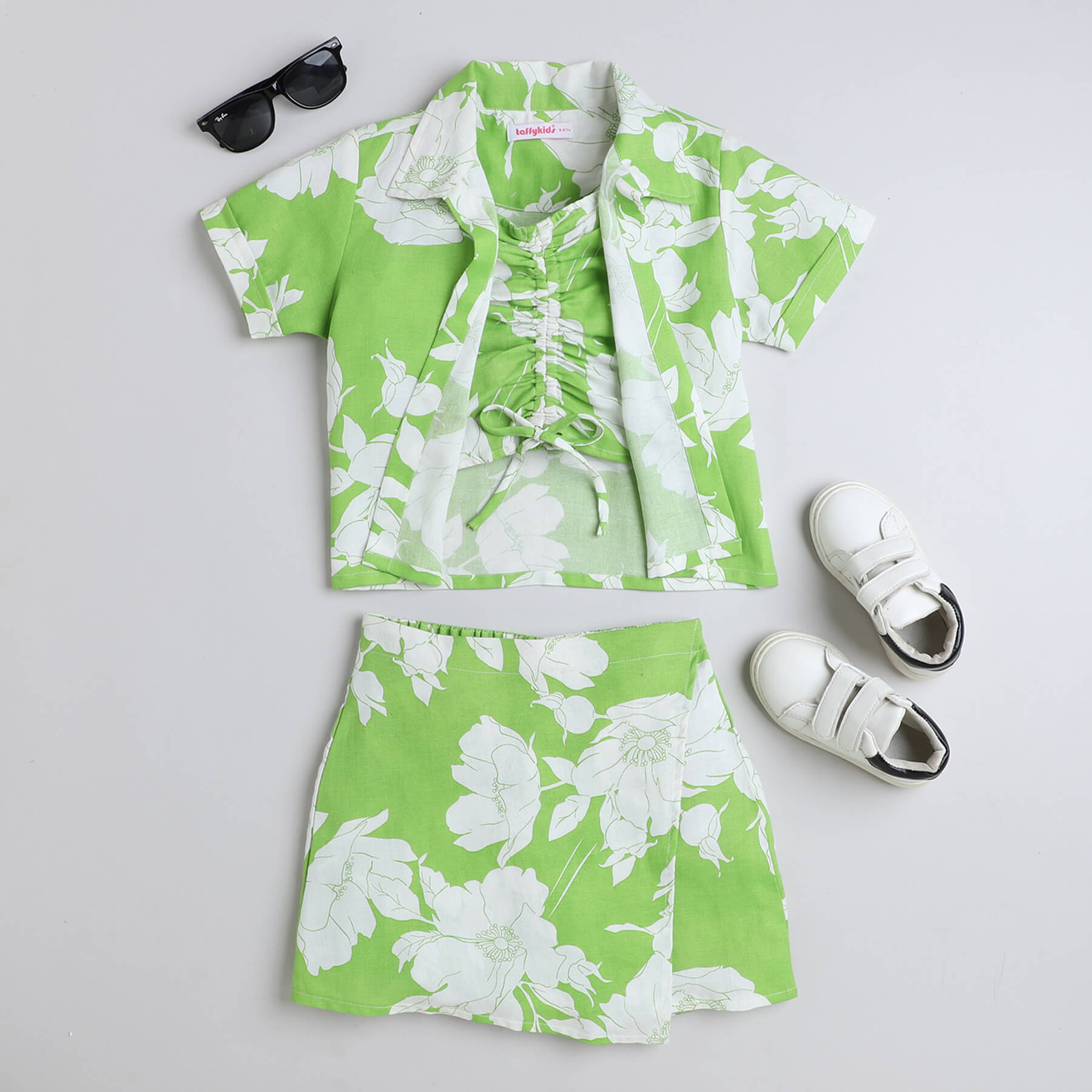 Shop Floral Printed Half Sleeves Shirt With Matching Singlet Ruched Crop Top And Skirt Set-Green/White Online