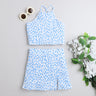 100% cotton Animal printed Halter neck crop top with matching slit detail skirt-Blue/White