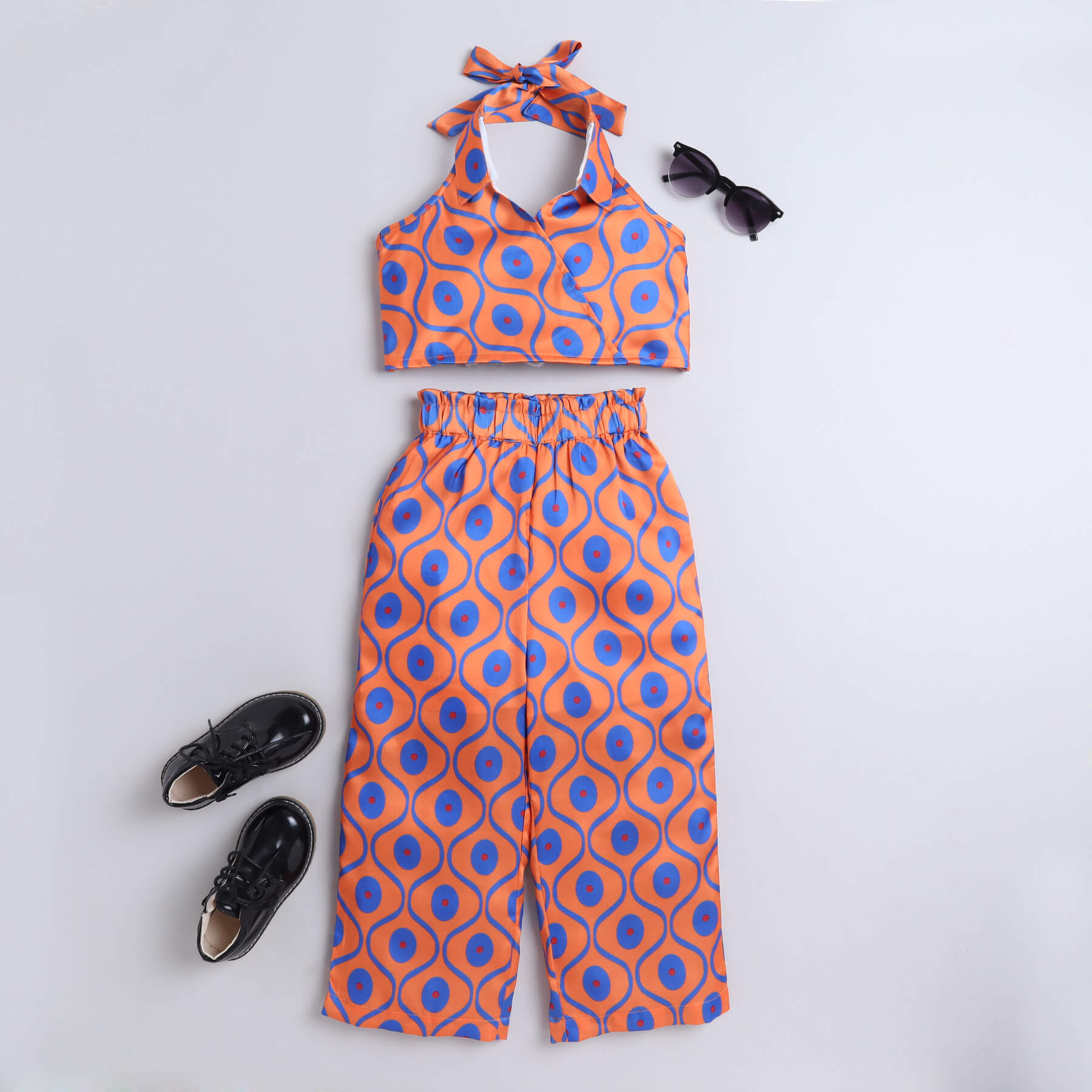 Shop Ogee Printed Overlap Back Tie-Up Halter Crop Top And Matching Paper Bag Waist Pant Set-Orange/Blue Online