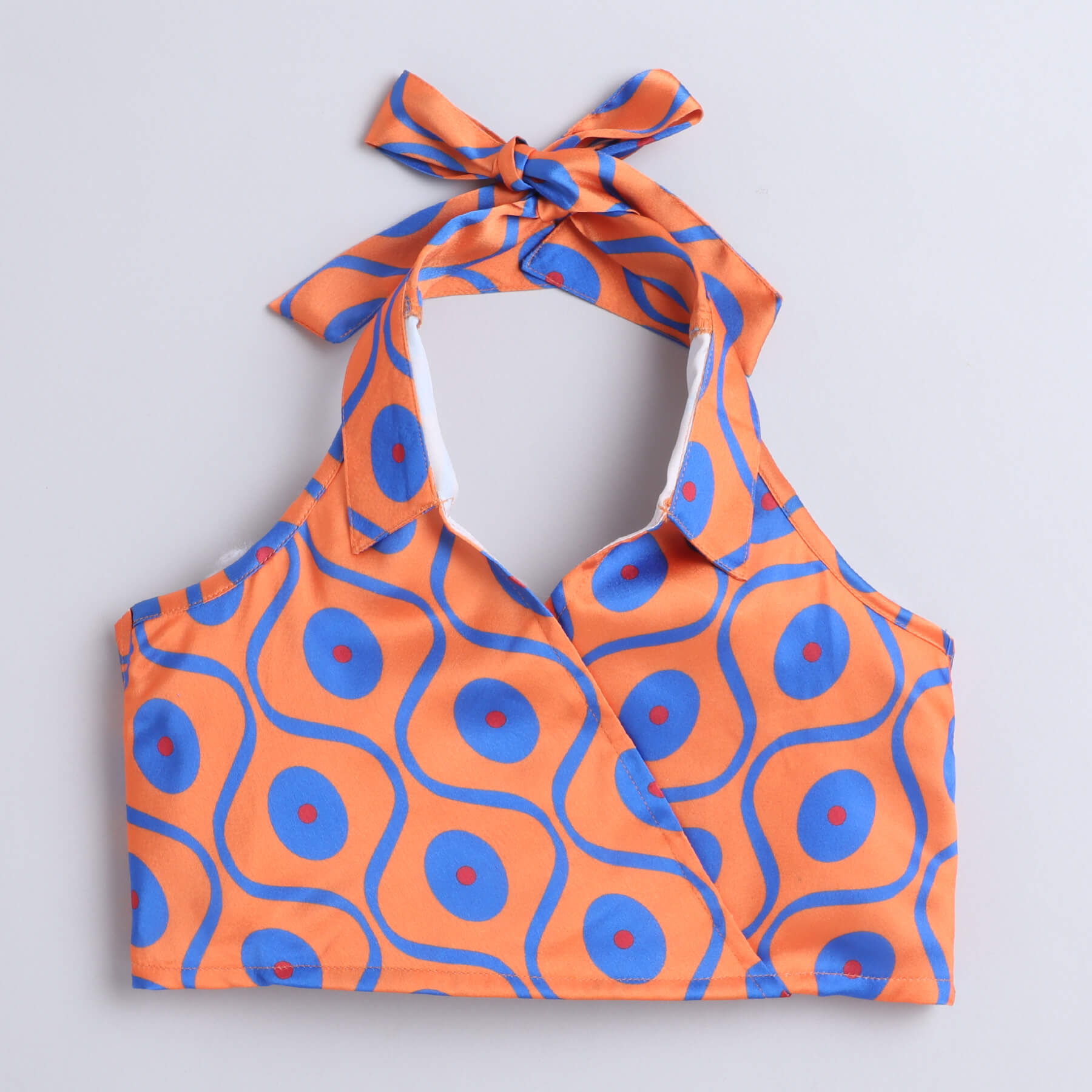 Taffykids Ogee printed Overlap back tie-up halter crop top and matching paper bag waist pant set-Orange/Blue