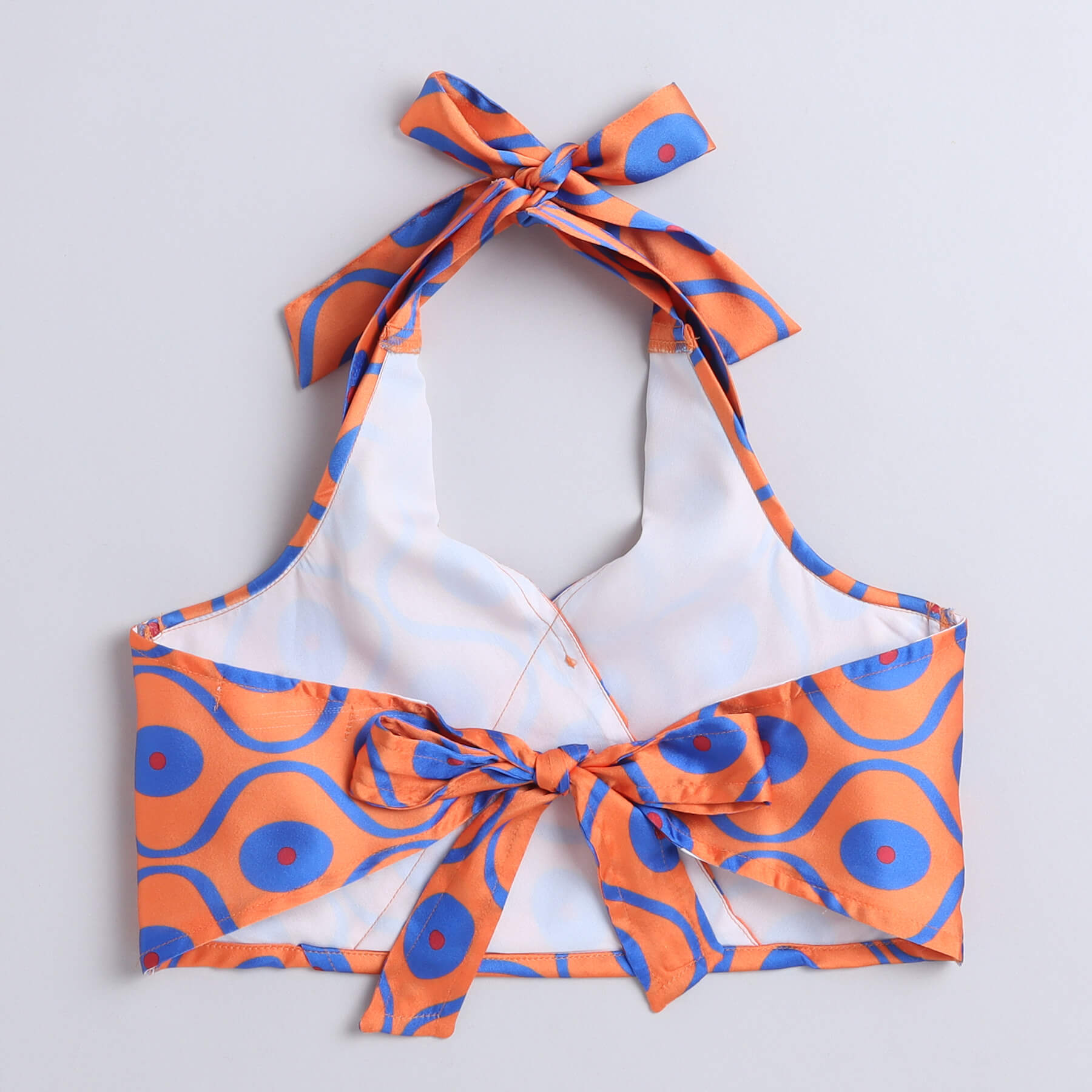 Ogee printed Overlap back tie-up halter crop top and matching paper bag waist pant set-Orange/Blue