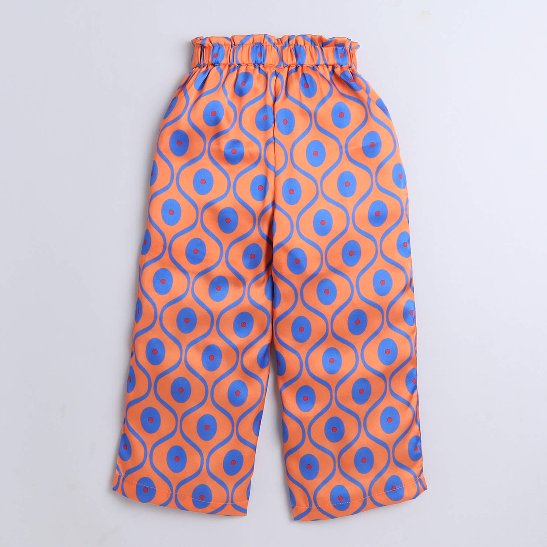 Ogee printed Overlap back tie-up halter crop top and matching paper bag waist pant set-Orange/Blue