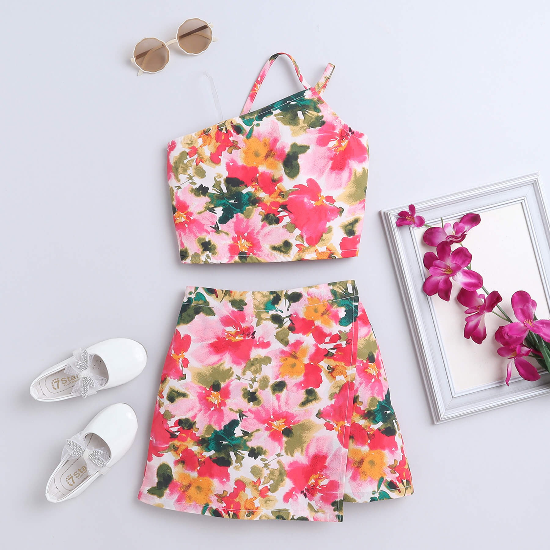 Shop 100% Cotton Floral Printed Sleeveless Asymmetric Neck Crop Top With Matching Skirt Set-Multi Online