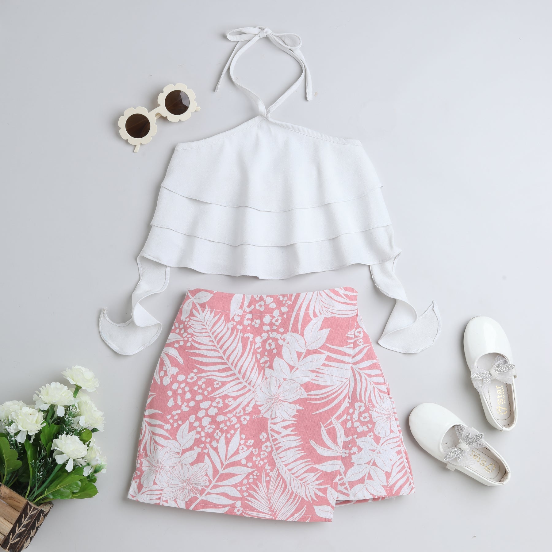Shop Sleeveless Halter Cascades Ruffled Crop Top With Tropical Printed Skirt Set-White/Pink Online