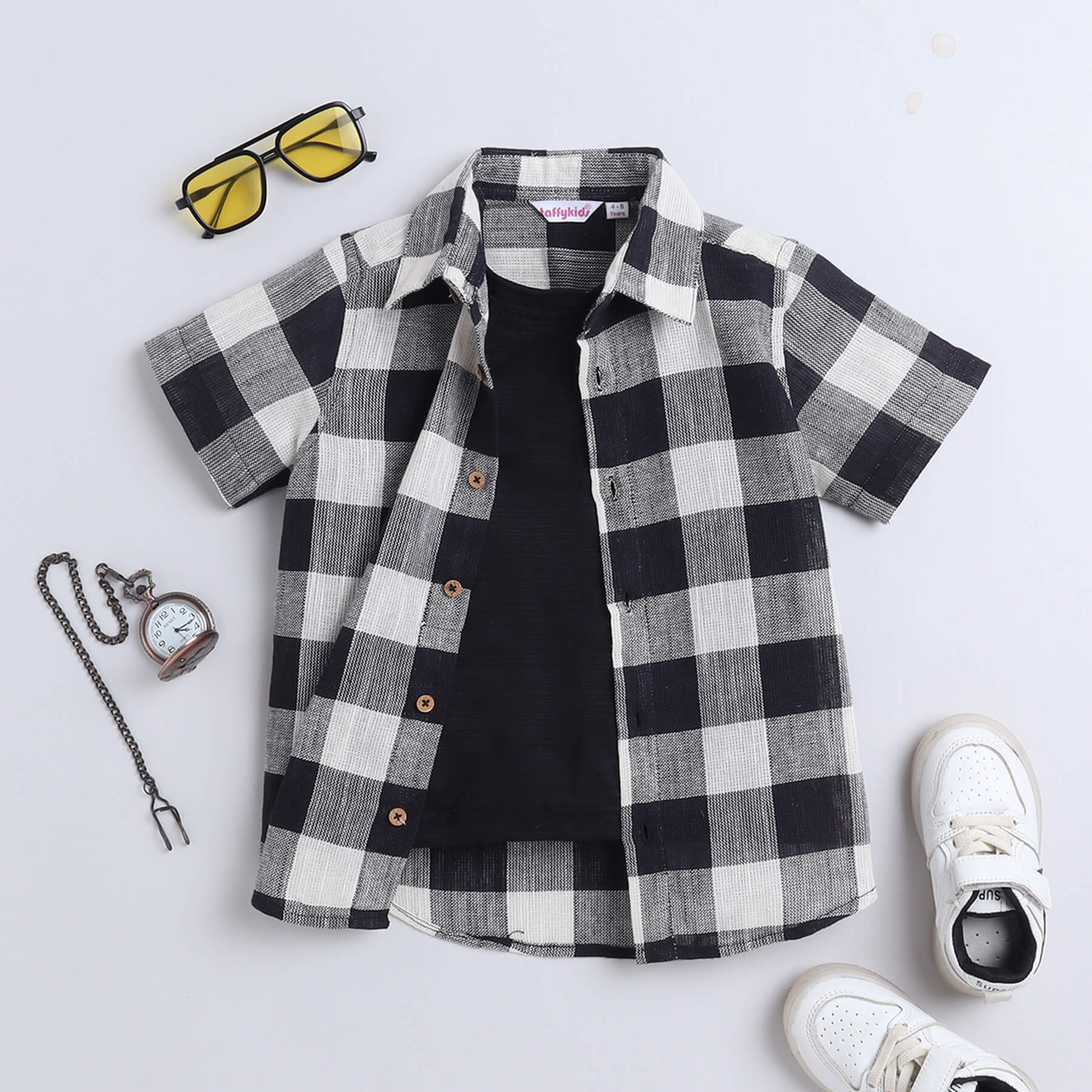 Taffykids checks yarn dyed half sleeves shirt with attached tee-Black/White