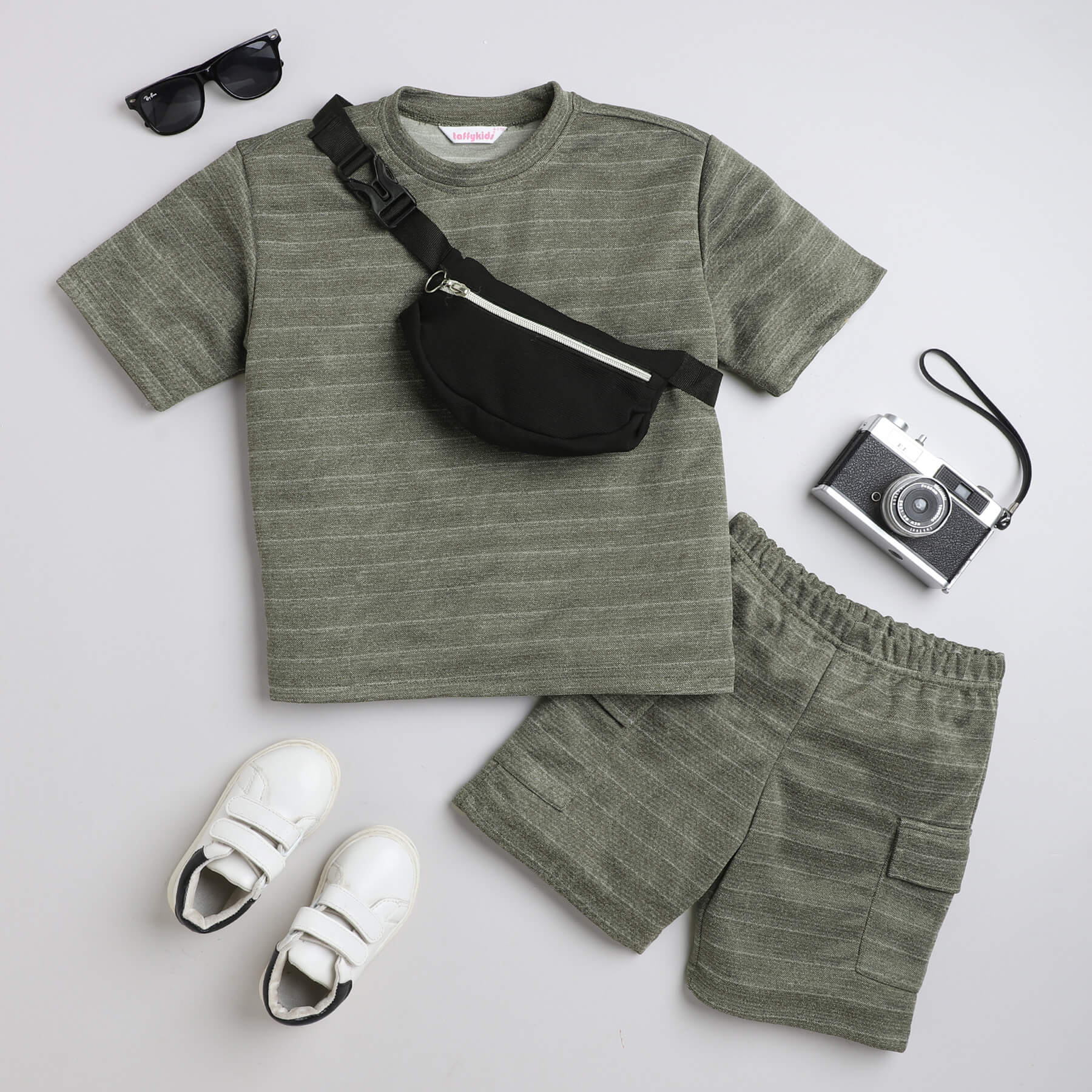 Taffykids Stripes printed half sleeve Oversized tee and Shorts co-ord set with Waist bag-Olive grey