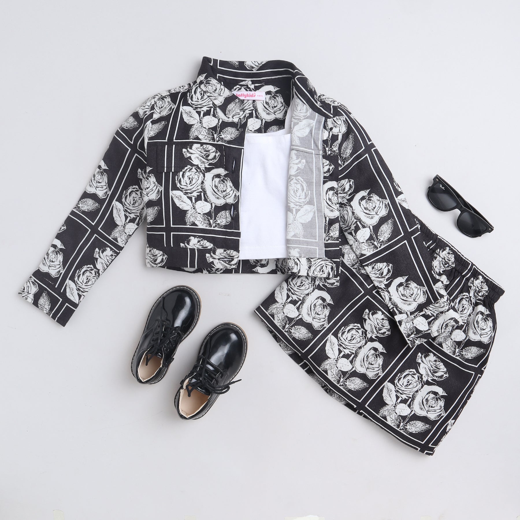 Shop Floral Patch-Work Printed Full Sleeves Jacket With Matching Skirt And Solid Crop Top Set-Black/White Online