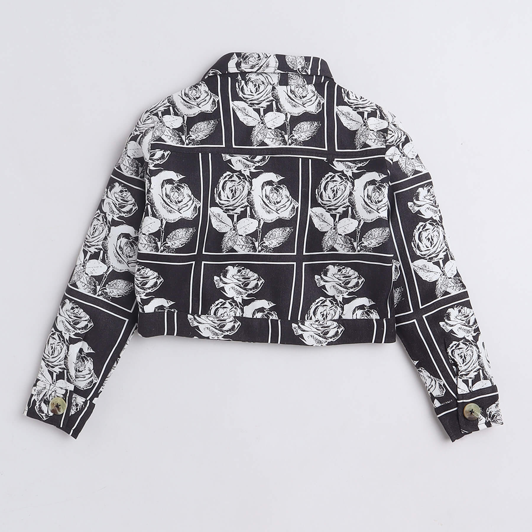 floral patch-work printed Full sleeves jacket with matching skirt and solid crop top set-Black/White