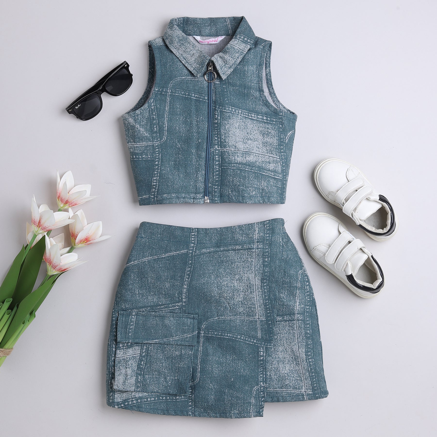 100% cotton denim patch work printed sleeveless zip up crop top with matching pocket detail skirt set-Grey teal