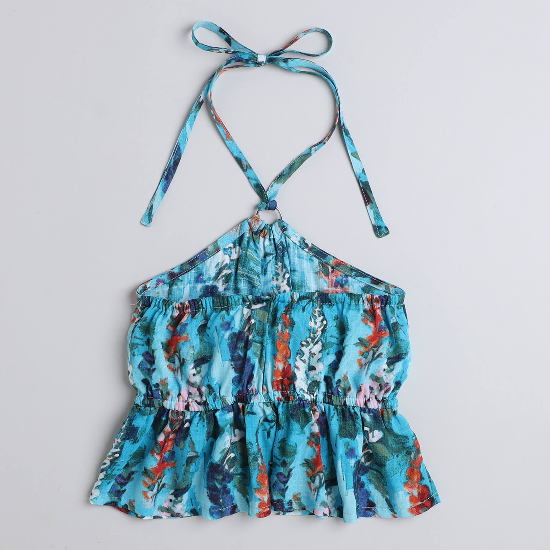 Shop 100% Viscose Abstract Printed Ring Detail Halter Neck Peplum Top With Matching Pant Co-Ord Set-Multi Online