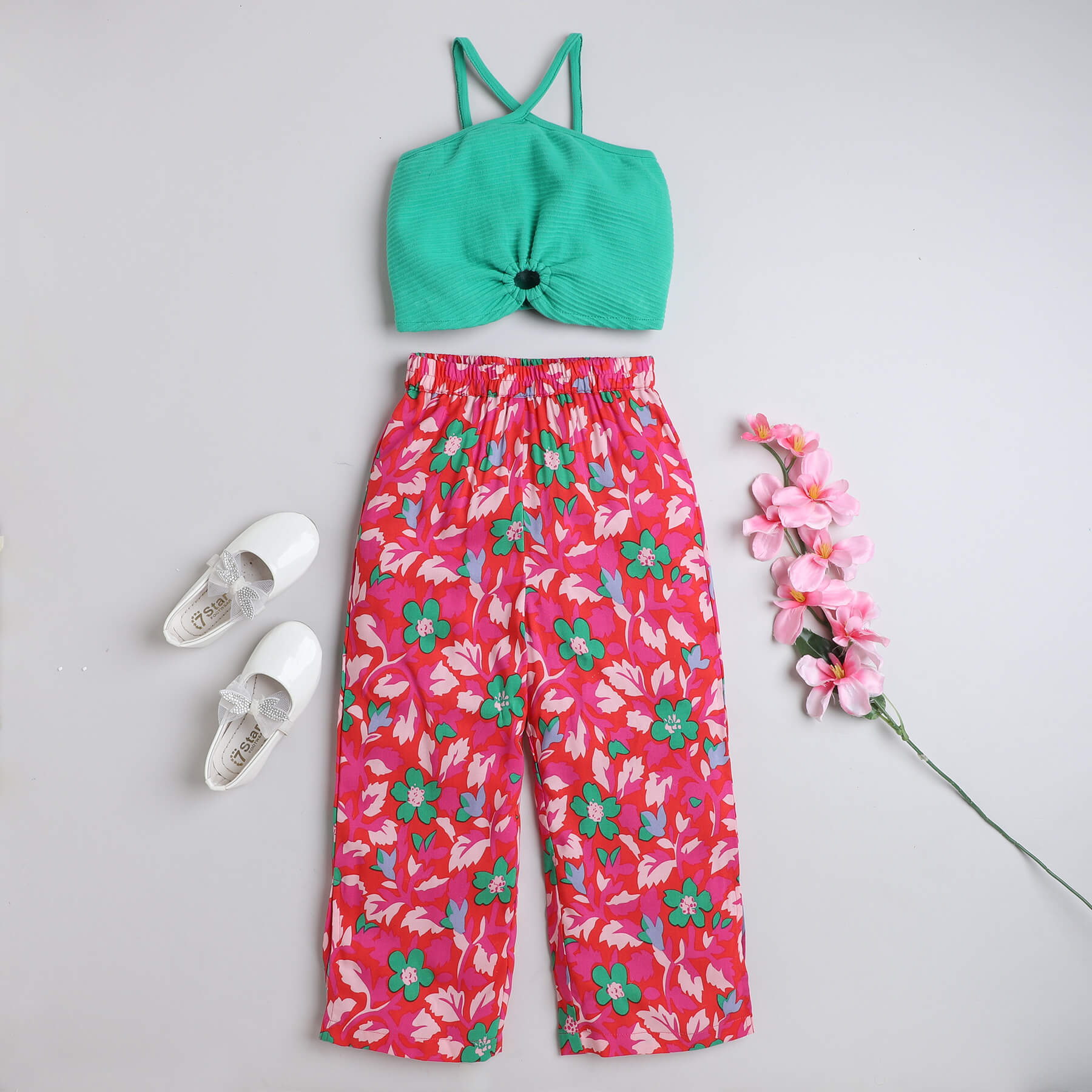 Taffykids sleeveless halter neck cut-out detail crop top and  floral printed pant set-Green/Pink
