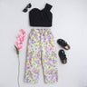 sleeveless Asymmetric neck crop top with floral printed pocket detail pant set- Black/Multi