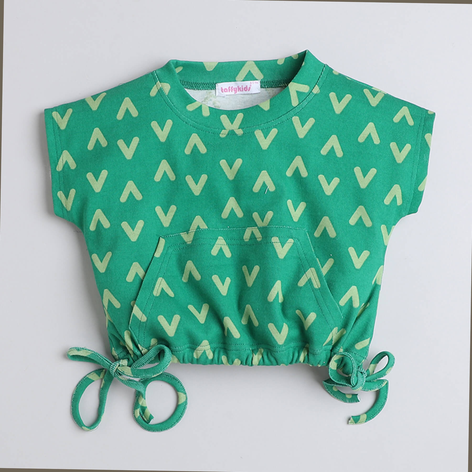 Taffykids 100% cotton Geometric printed sleeveless waist tie up top with matching skirt co-ord set-Green