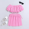 texture half sleeve waist tie up off shoulder crop top with matching skirt set-Pink