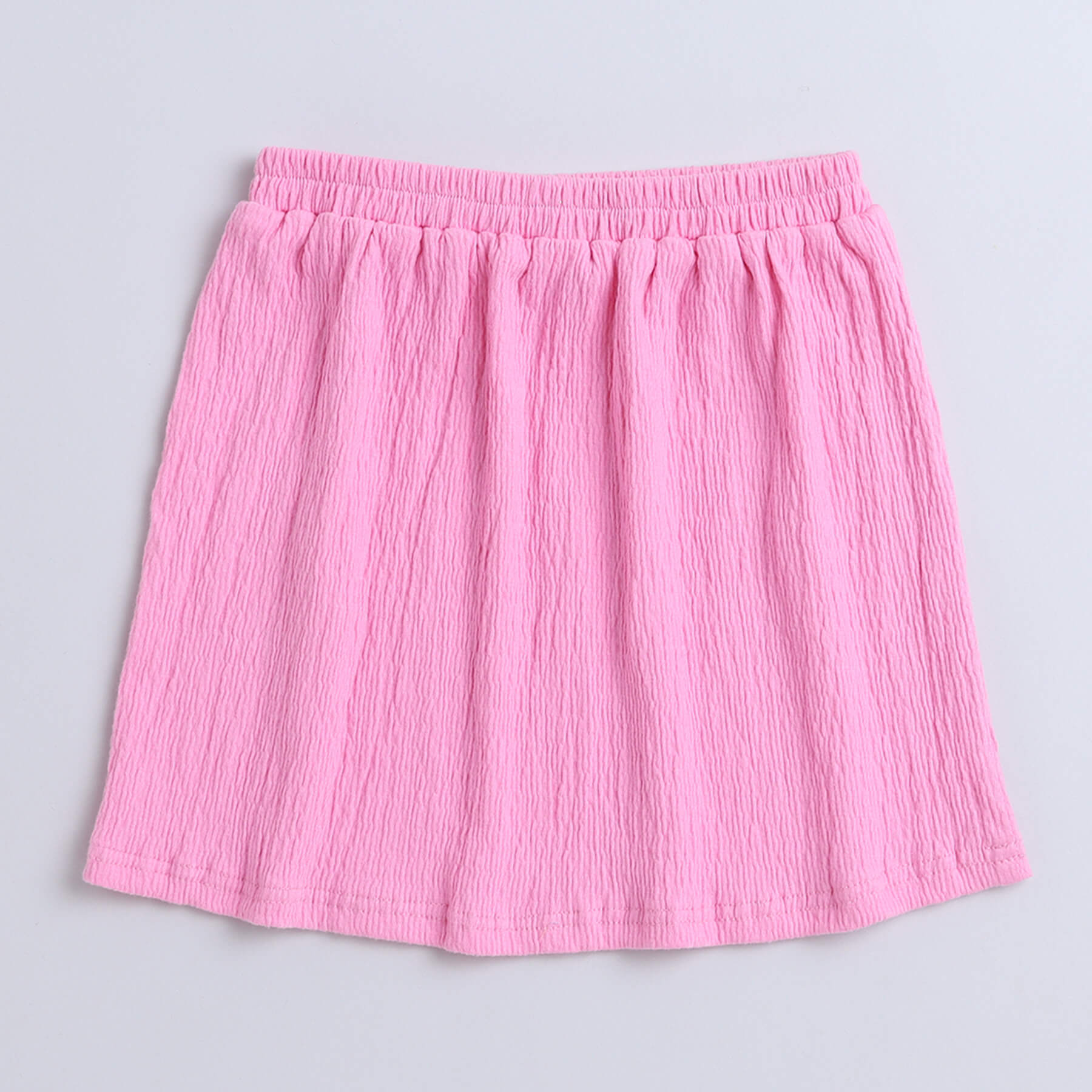 texture half sleeve waist tie up off shoulder crop top with matching skirt set-Pink