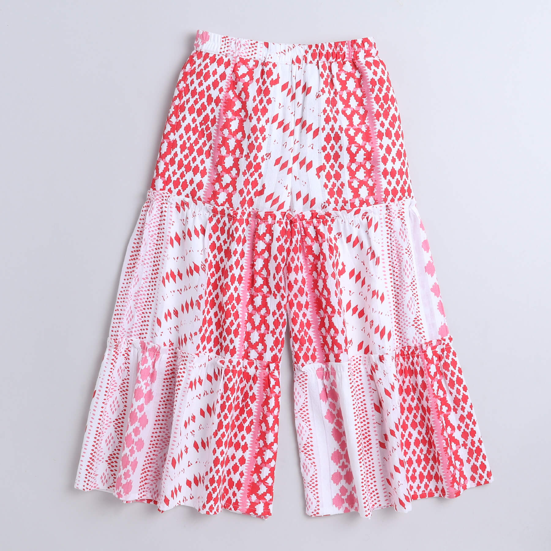 Shop 100% Cotton Abstract Printed Ring Detail Halter Crop Top With Matching Tier Pant Set-Red/White Online