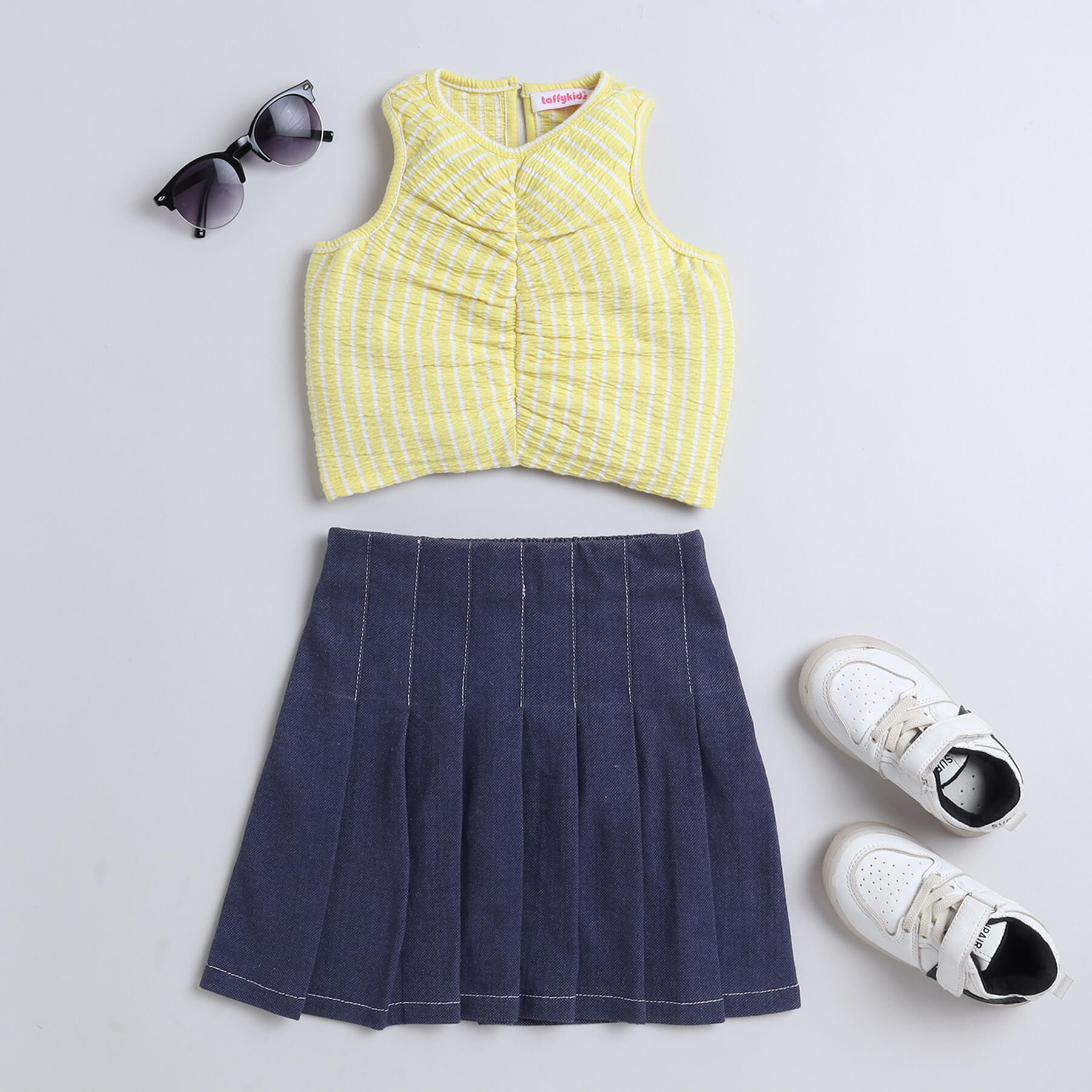 100% cotton textured stripes yarn dyed front ruched sleeveless crop top and stitch detail pleated skirt set-Yellow/Blue