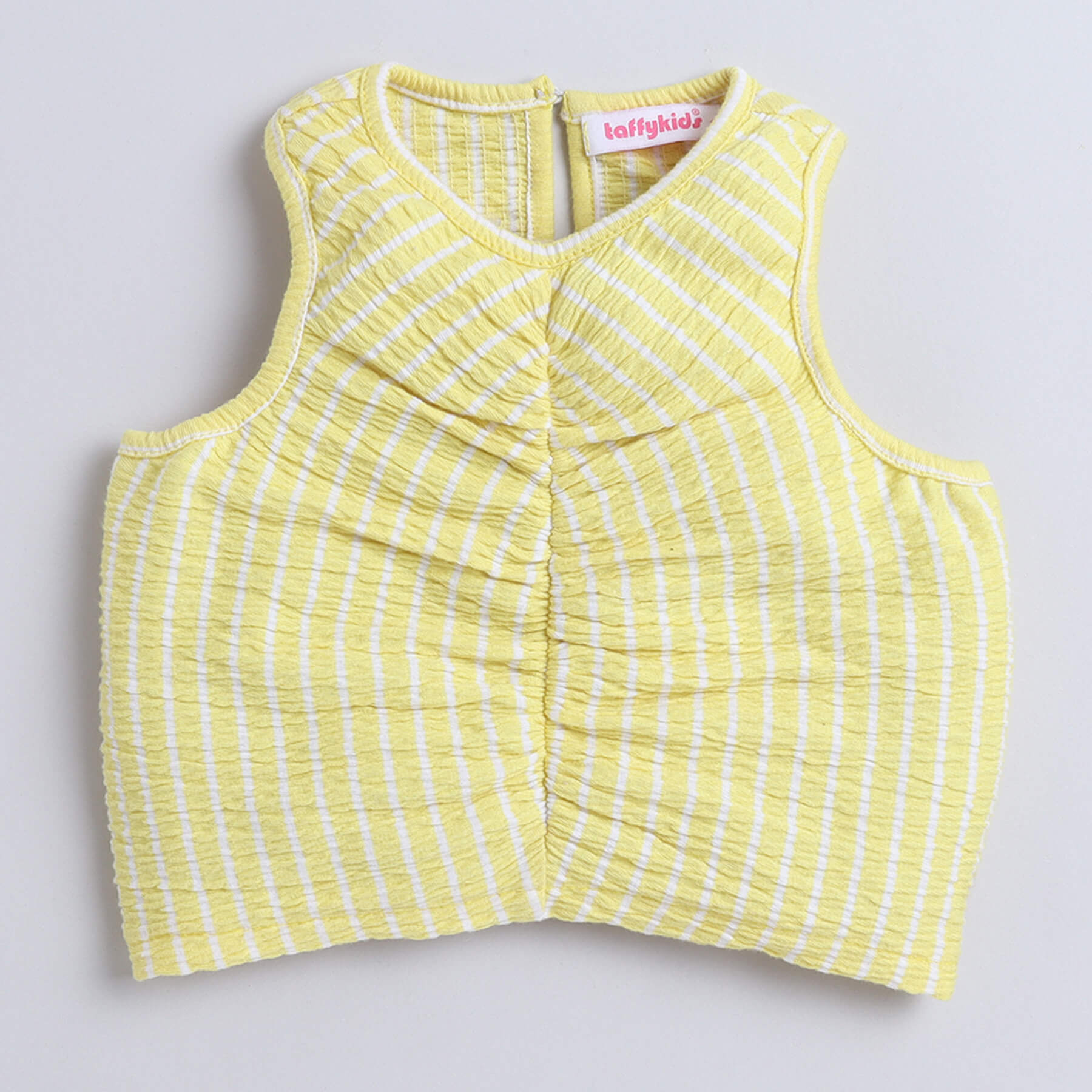 Taffykids 100% cotton textured stripes yarn dyed front ruched sleeveless crop top and stitch detail pleated skirt set-Yellow/Blue