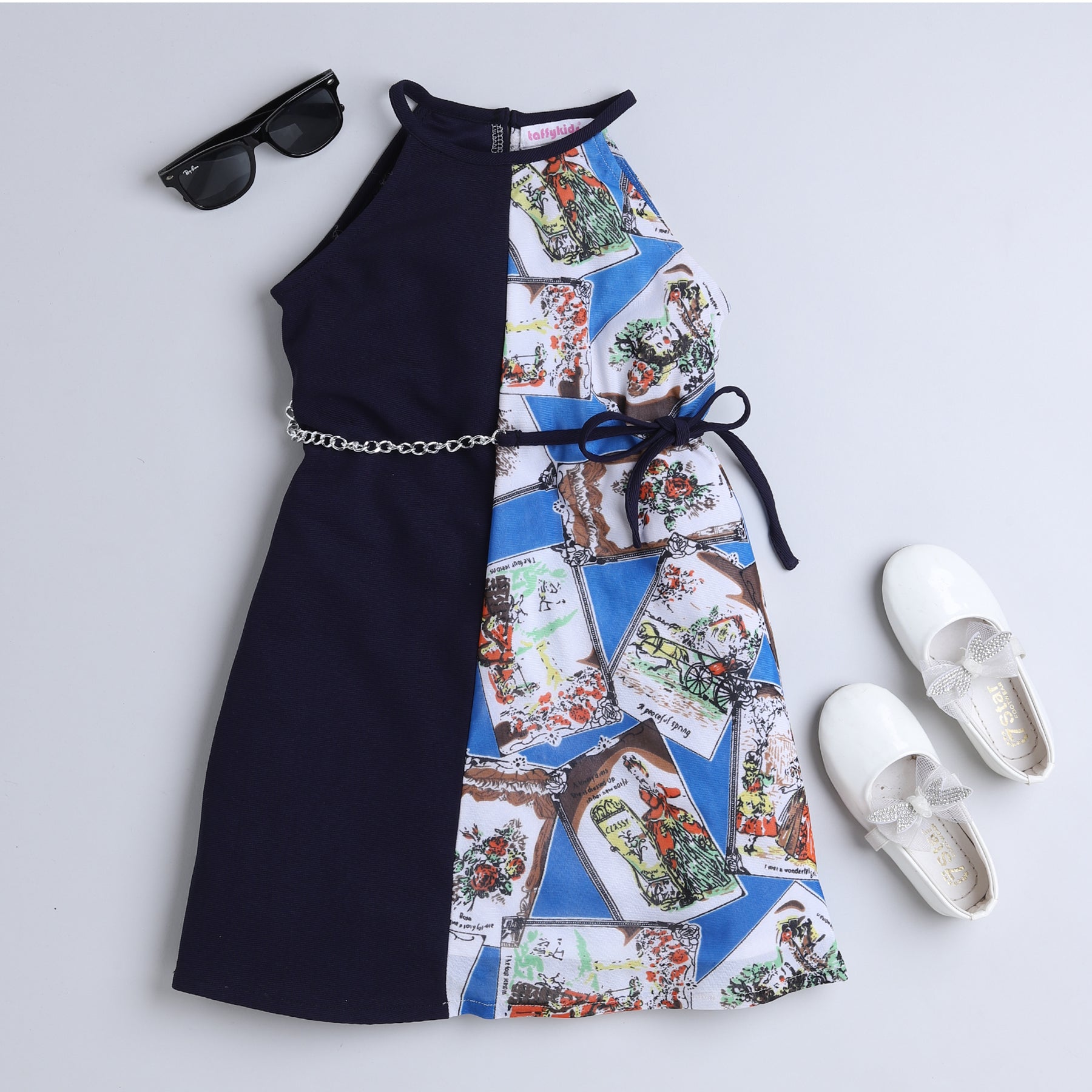 Shop Sleeveless Halter Neck Half Cards Printed And Half Solid Aline Dress With Chain Tie-Up Belt Set-Navy/Multi Online